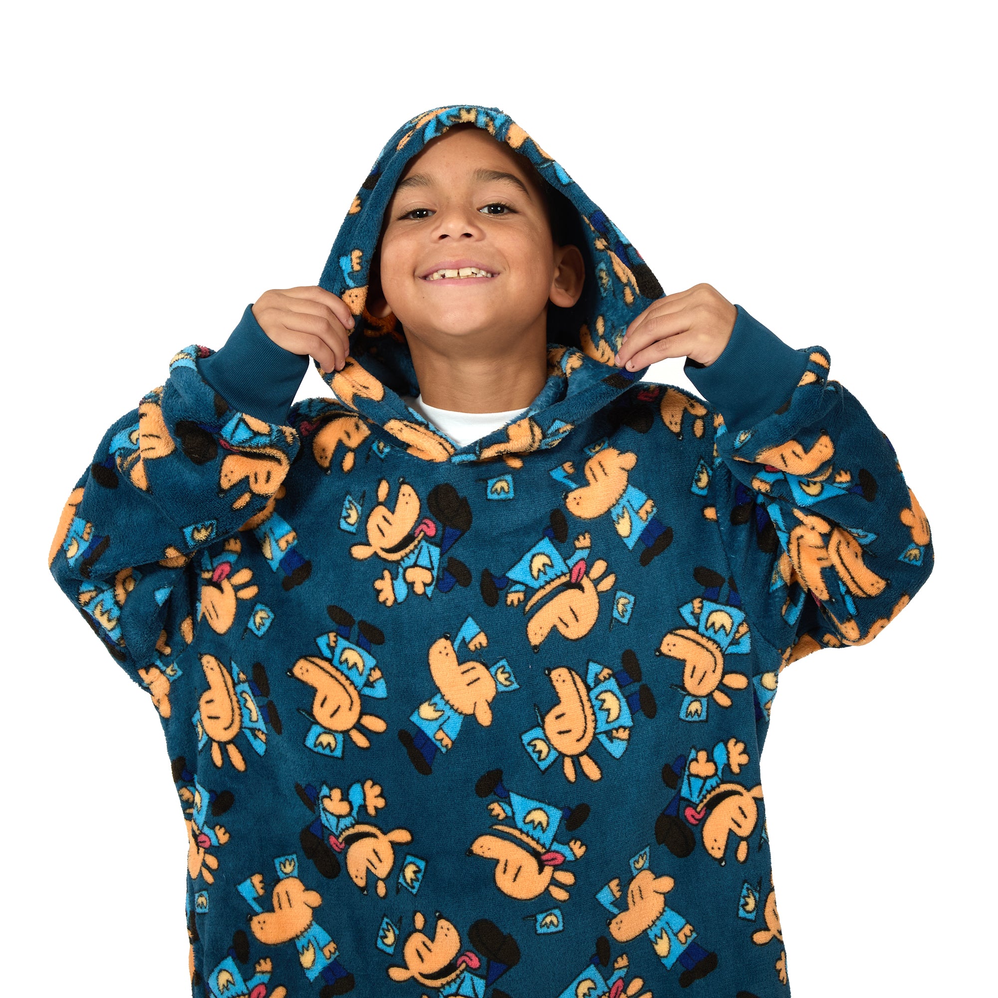 Dog Man All-Over Character Print Long Sleeve Boy's Blue Oversized Wearable Kids Hoodie Blanket