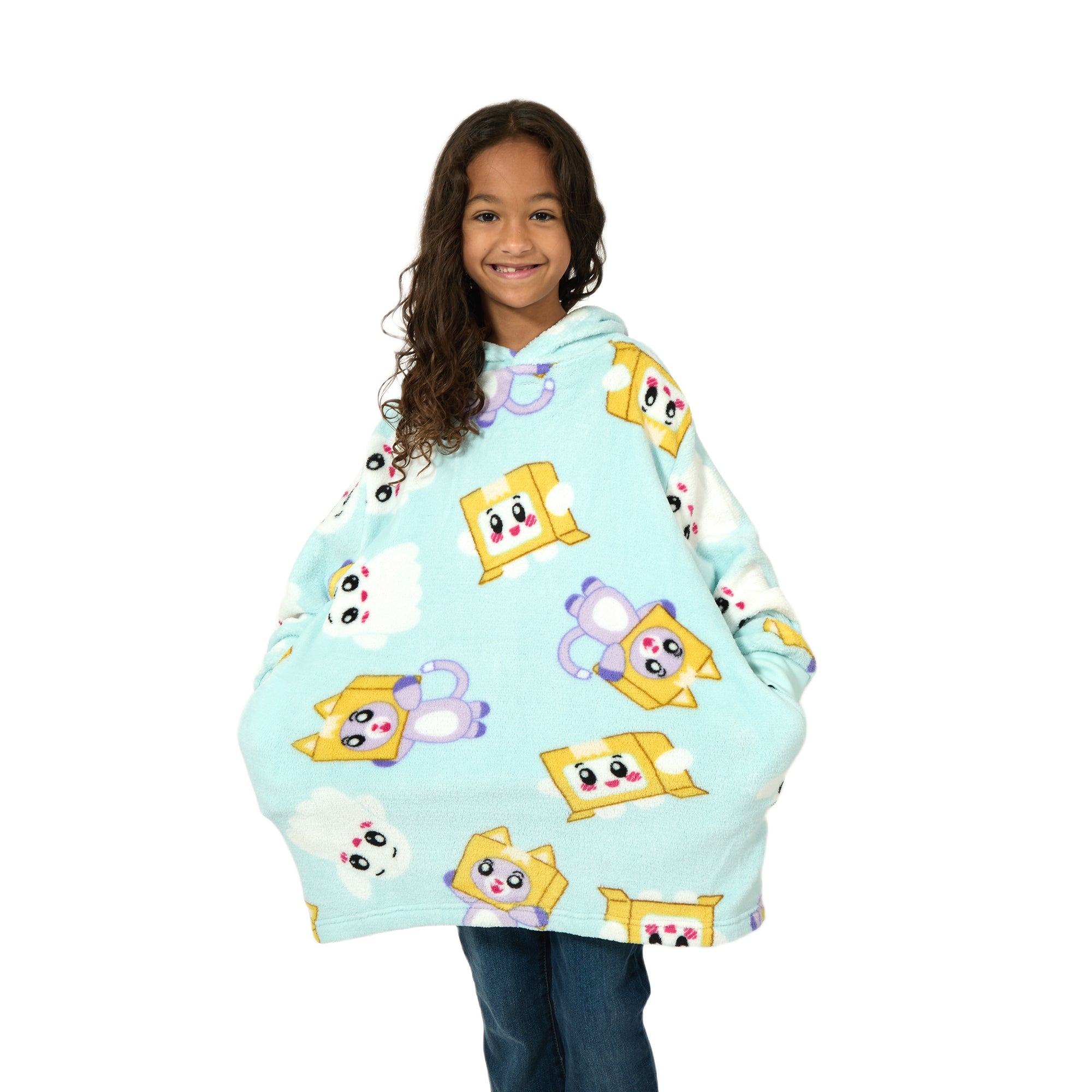 LankyBox All-Over Character Print Long Sleeve Youth Blue Kids Wearable Hoodie Blanket