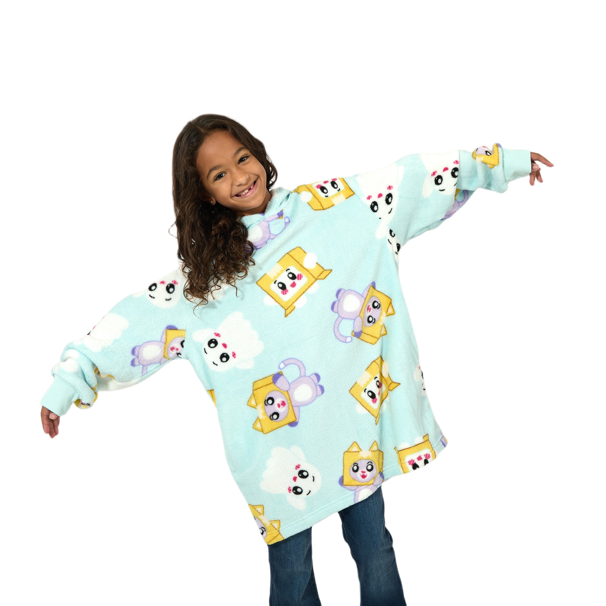 LankyBox All-Over Character Print Long Sleeve Youth Blue Kids Wearable Hoodie Blanket