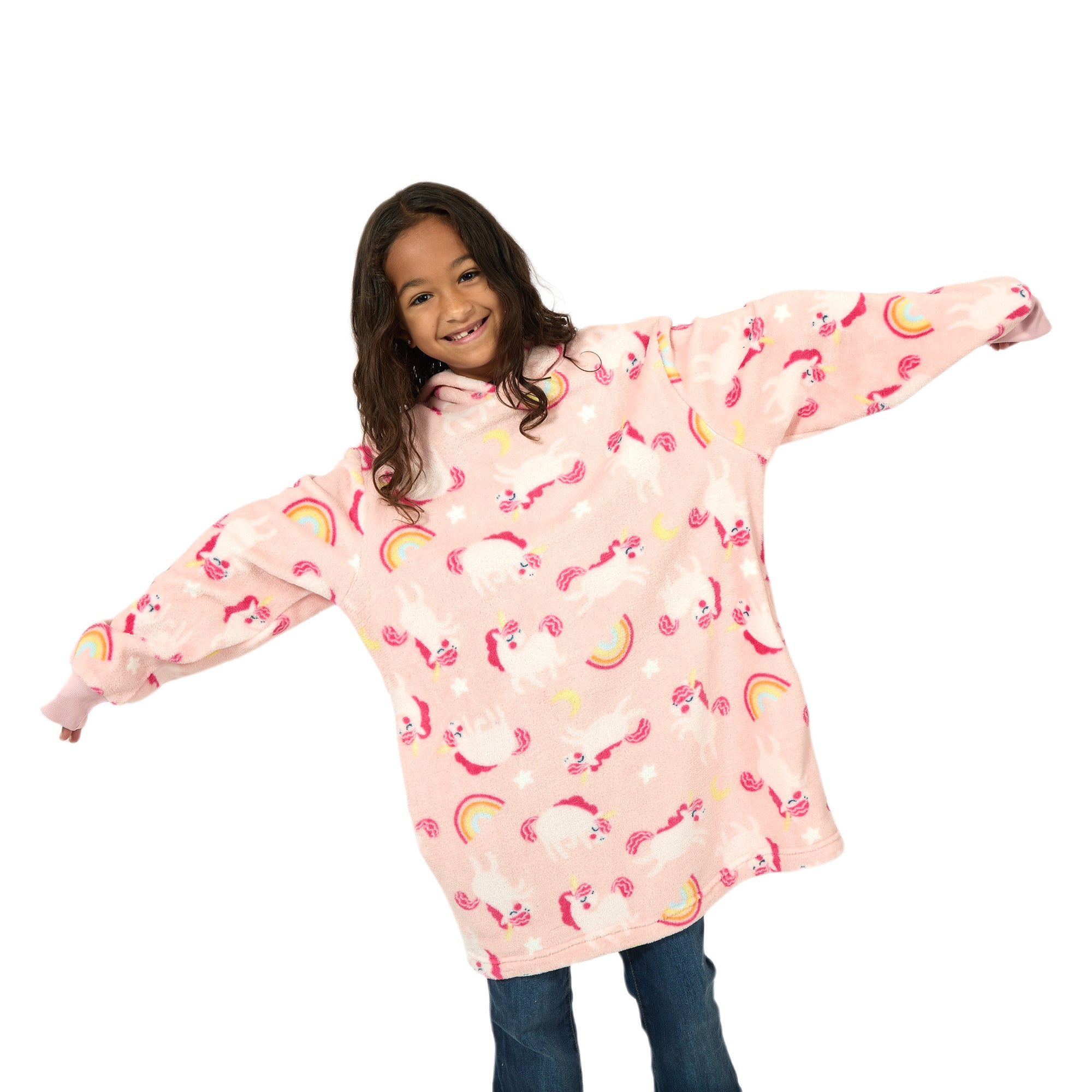 Unicorns & Rainbows  Youth Pink Oversized Wearable Hoodie Blanket
