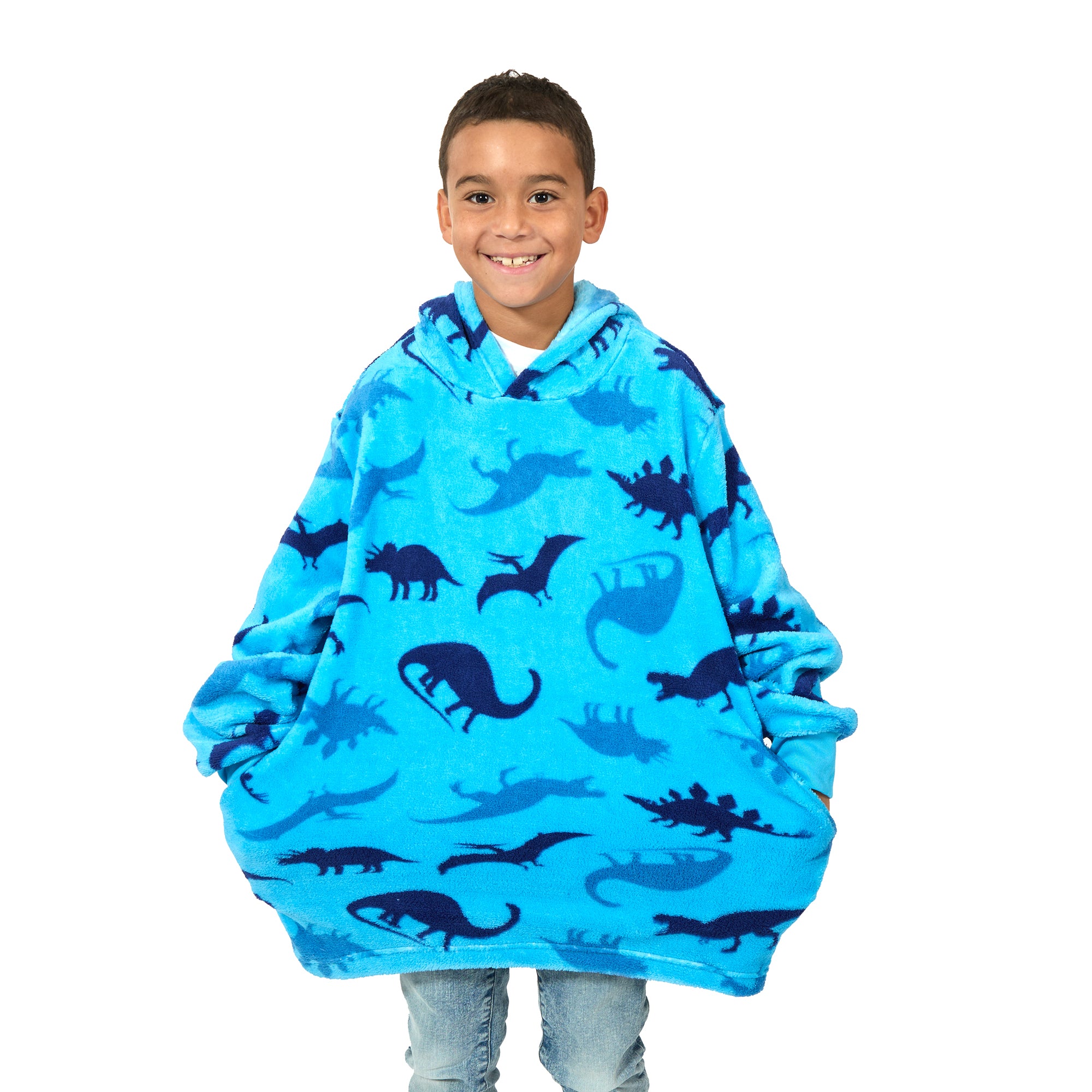 Dinosaurs Long Sleeve Boy's Blue Oversized Wearable Hoodie Blanket