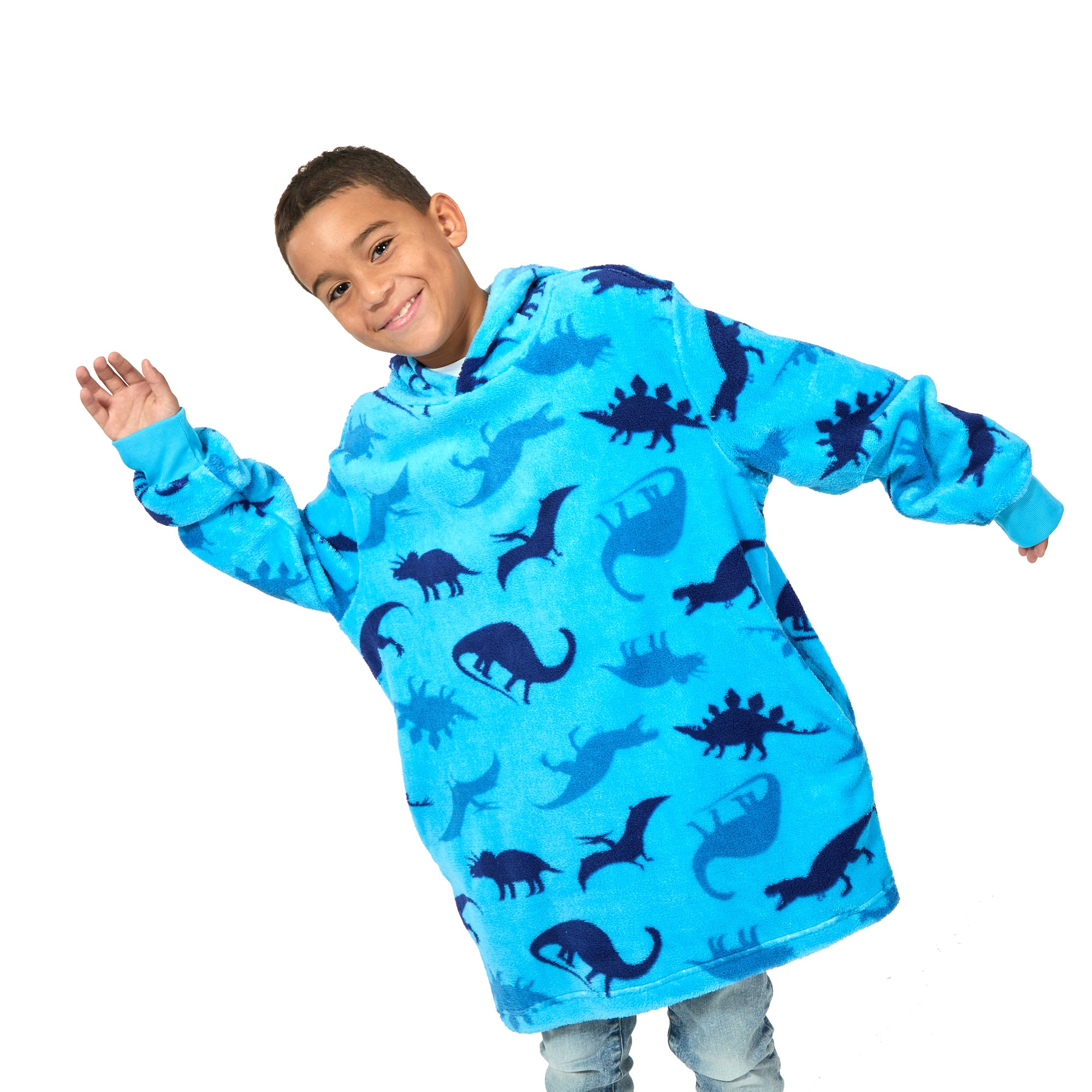 Dinosaurs Long Sleeve Boy's Blue Oversized Wearable Hoodie Blanket