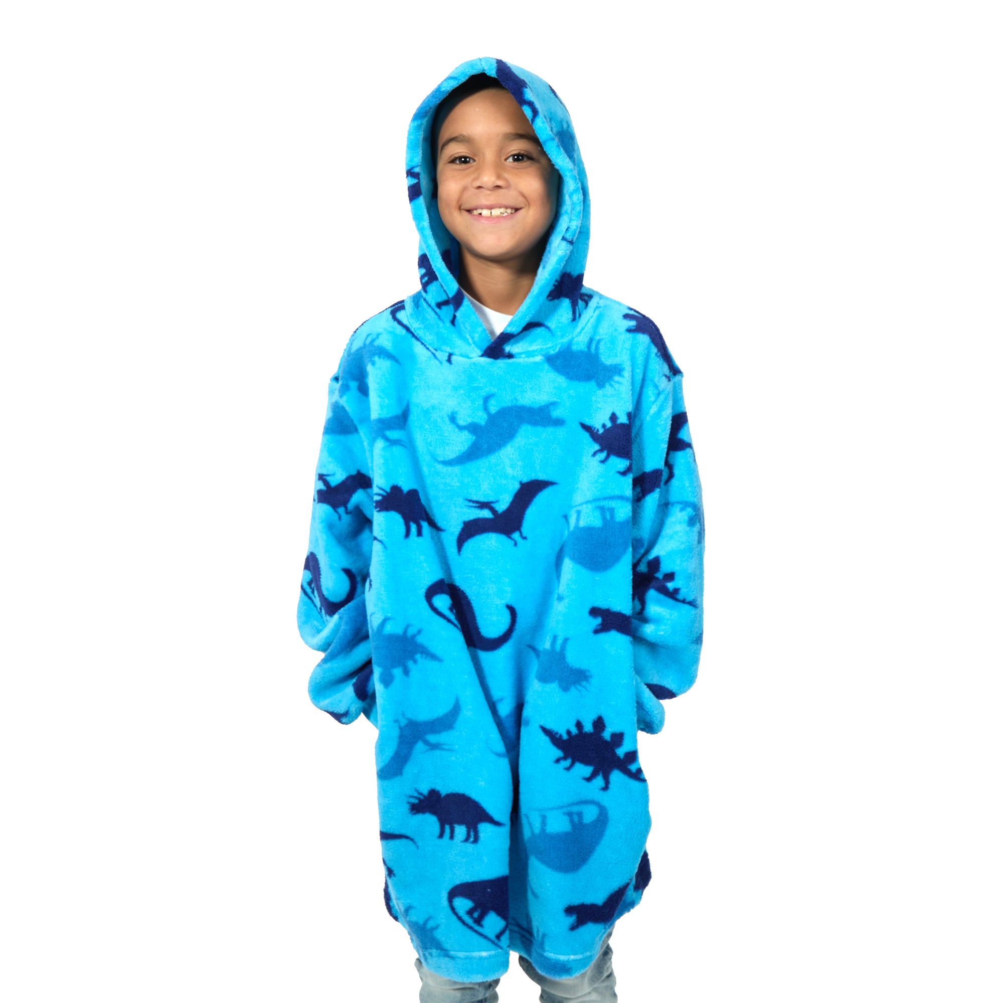 Dinosaurs Long Sleeve Boy's Blue Oversized Wearable Hoodie Blanket