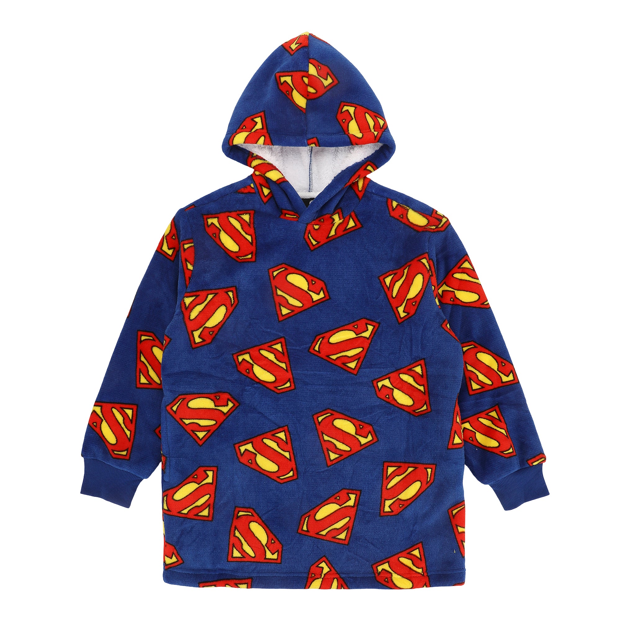 Superman Logo All-Over Print Boy's Blue Long Sleeve Sherpa Lined Kids Wearable Hoodie Blanket