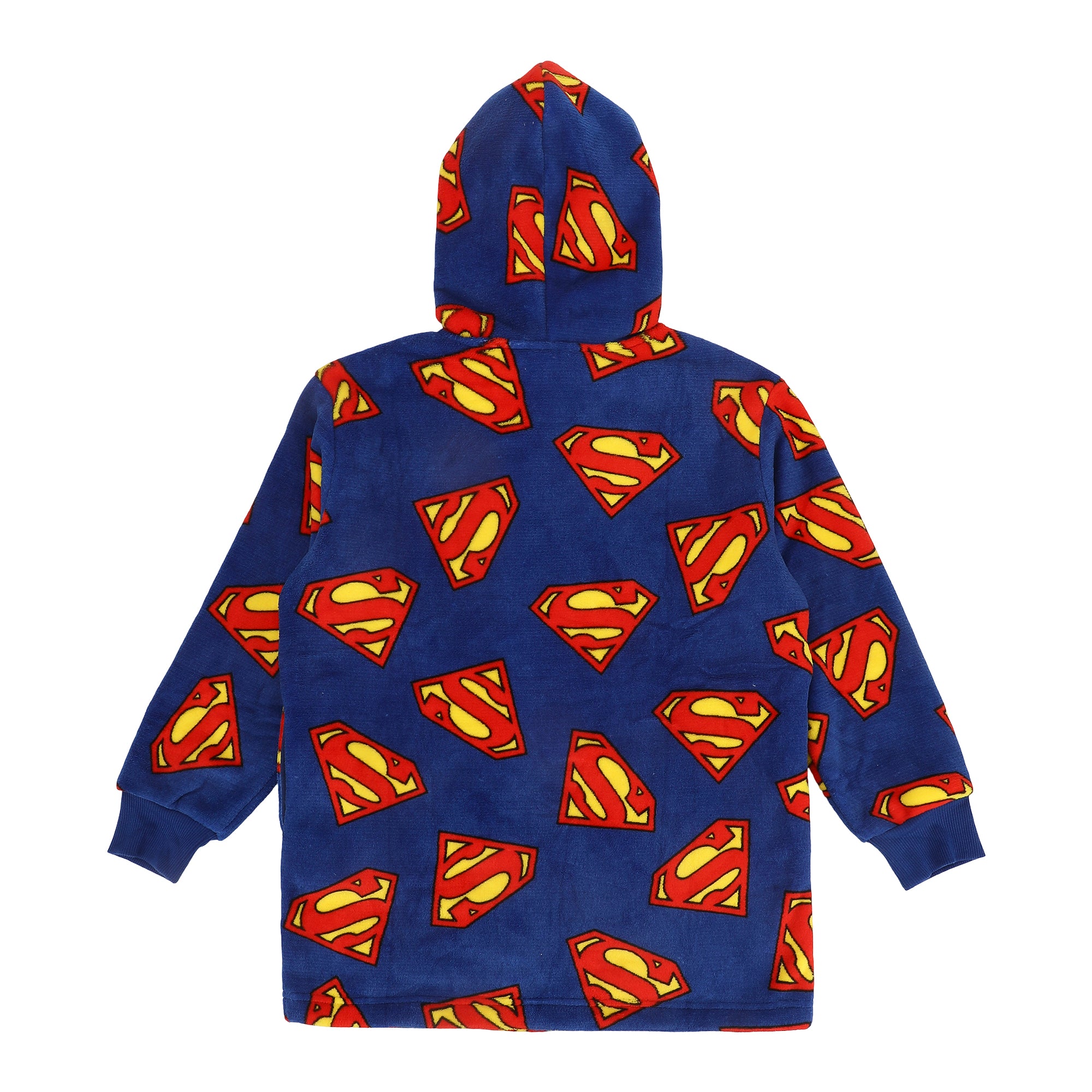 Superman Logo All-Over Print Boy's Blue Long Sleeve Sherpa Lined Kids Wearable Hoodie Blanket