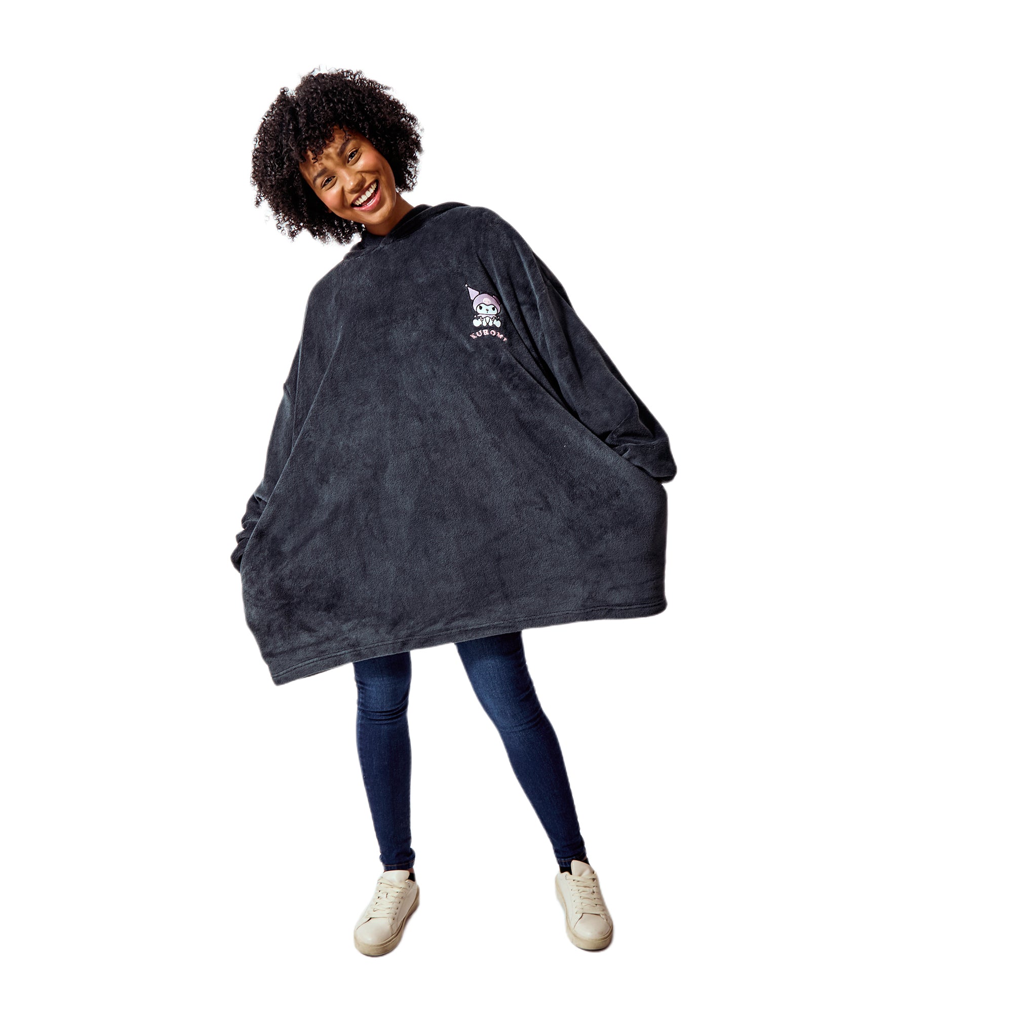 Kuromi Embroidered Character Art Women's Black Oversized Hooded Blanket OSFA