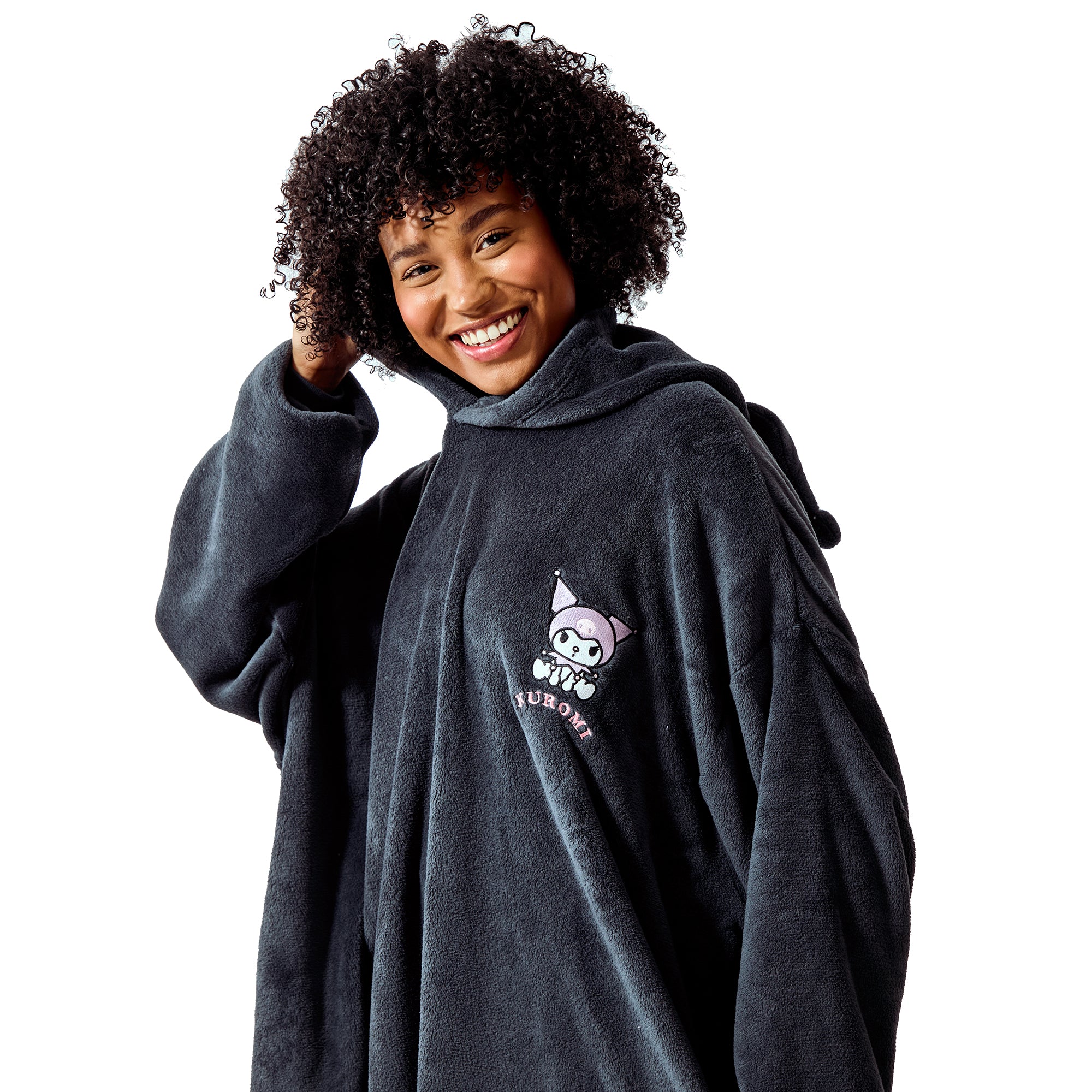 Kuromi Embroidered Character Art Women's Black Oversized Hooded Blanket OSFA