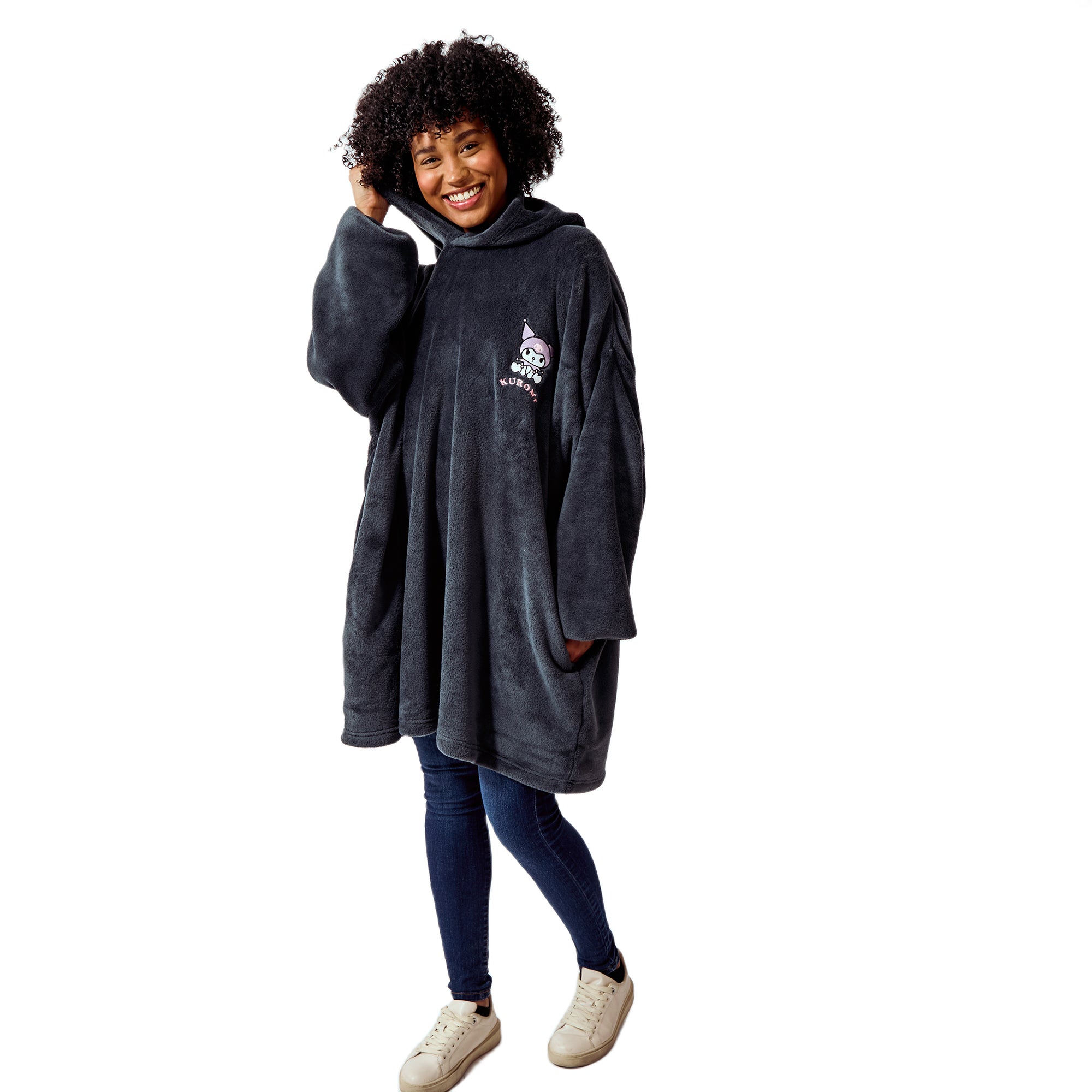 Kuromi Embroidered Character Art Women's Black Oversized Hooded Blanket OSFA