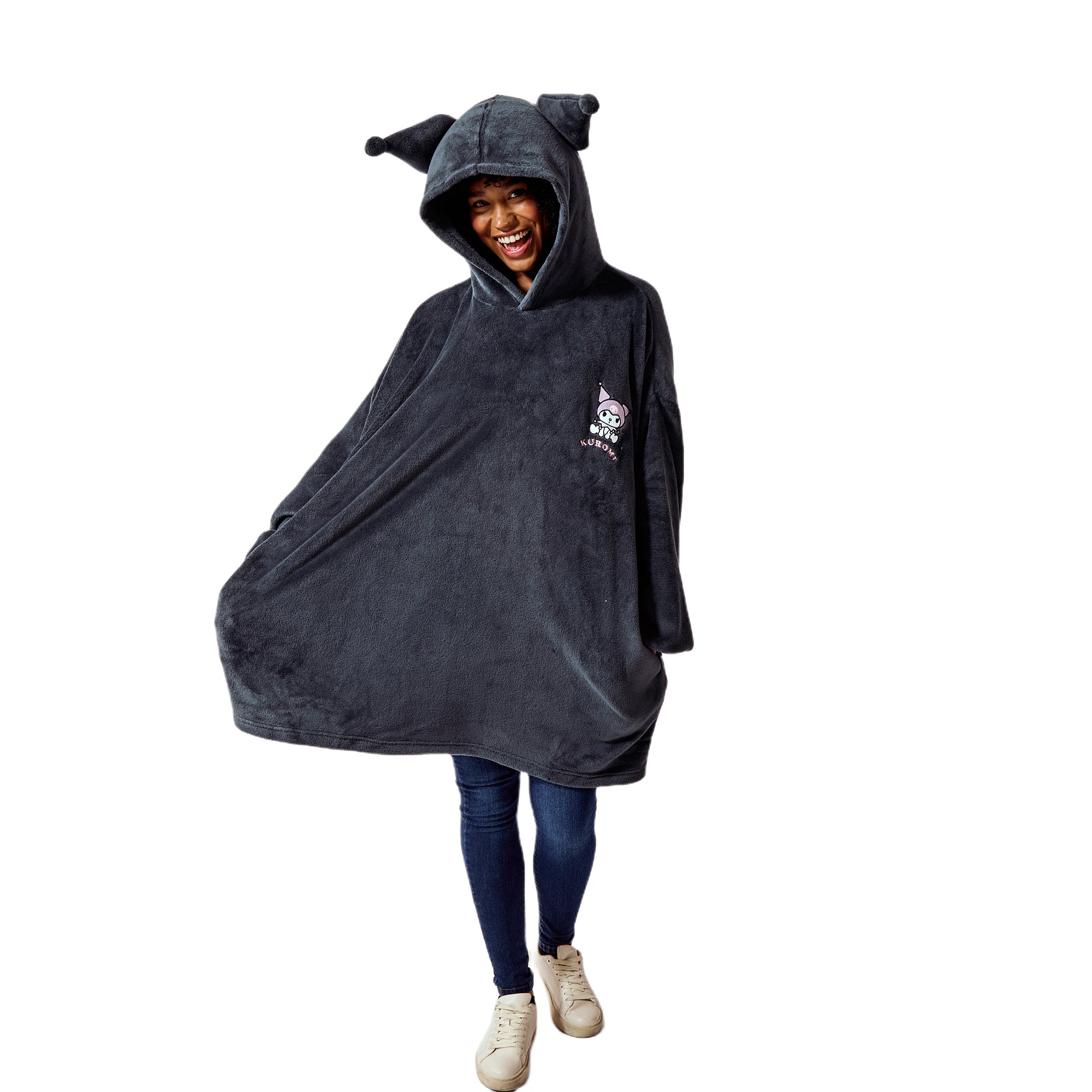 Kuromi Embroidered Character Art Women's Black Oversized Hooded Blanket OSFA