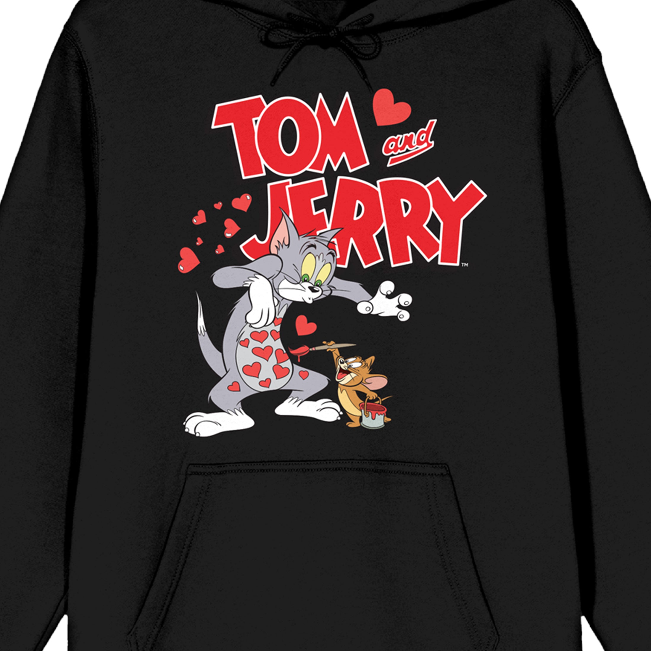 Tom & Jerry Characters with Hearts and Title Logo Women's Black Graphic Hoodie