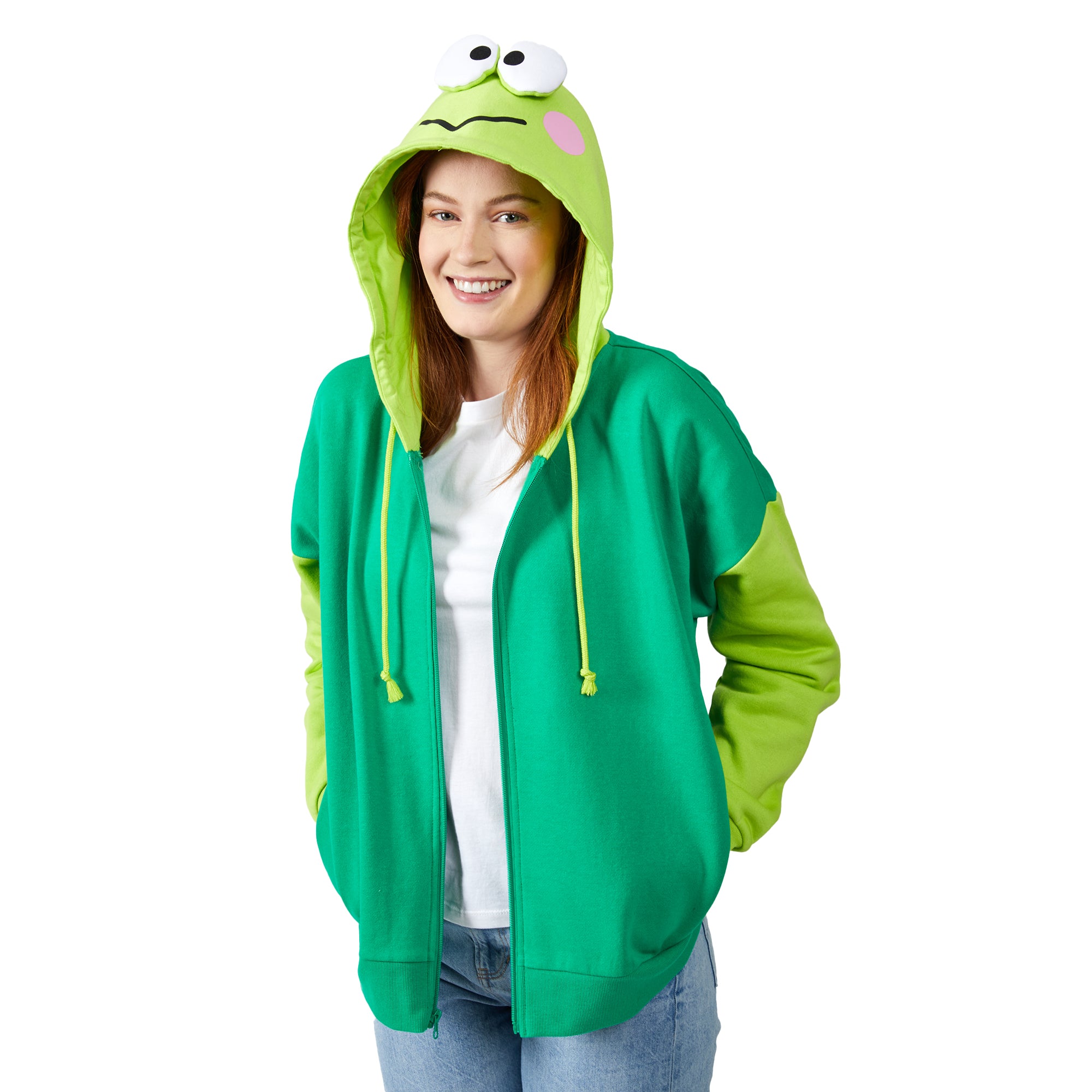 Keroppi Cosplay Long Sleeve Green Contrast Women's Zip Hoodie