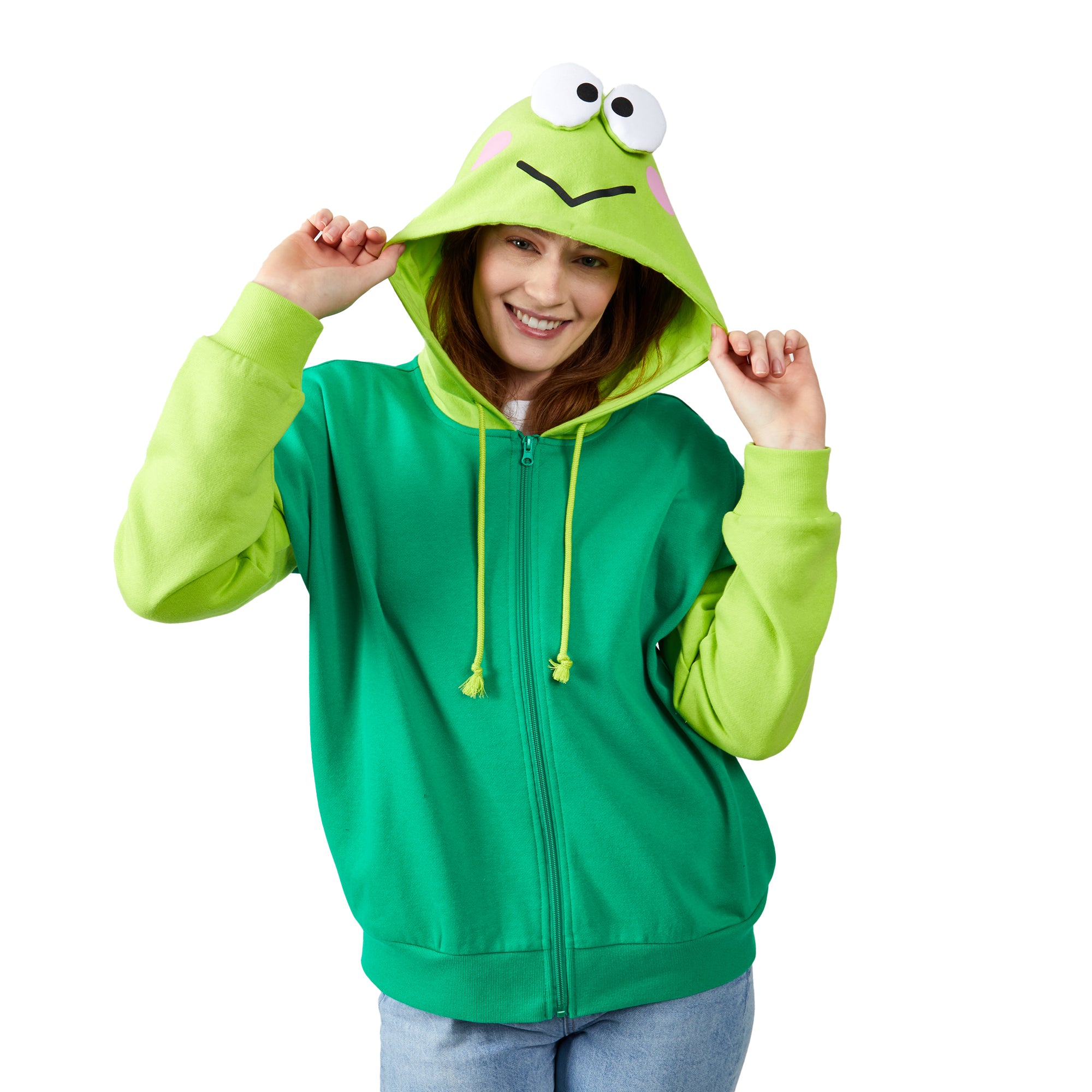 Keroppi Cosplay Long Sleeve Green Contrast Women's Zip Hoodie