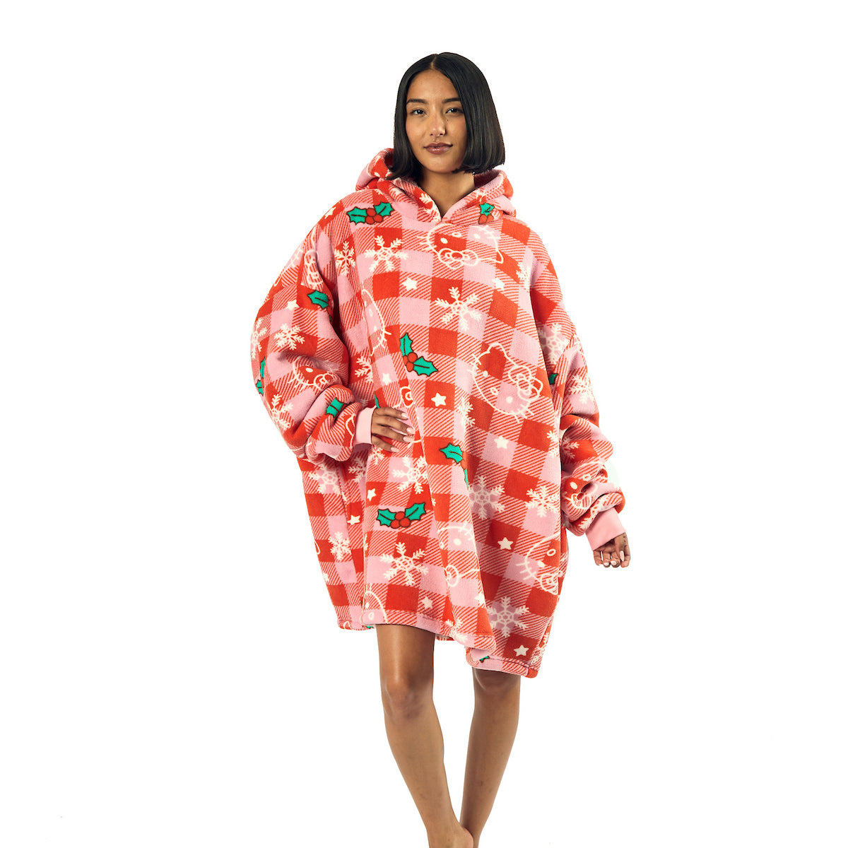 Hello Kitty Christmas Line Art Red Plaid Sherpa-Lined Hoodie Wearable Blanket-OSFA
