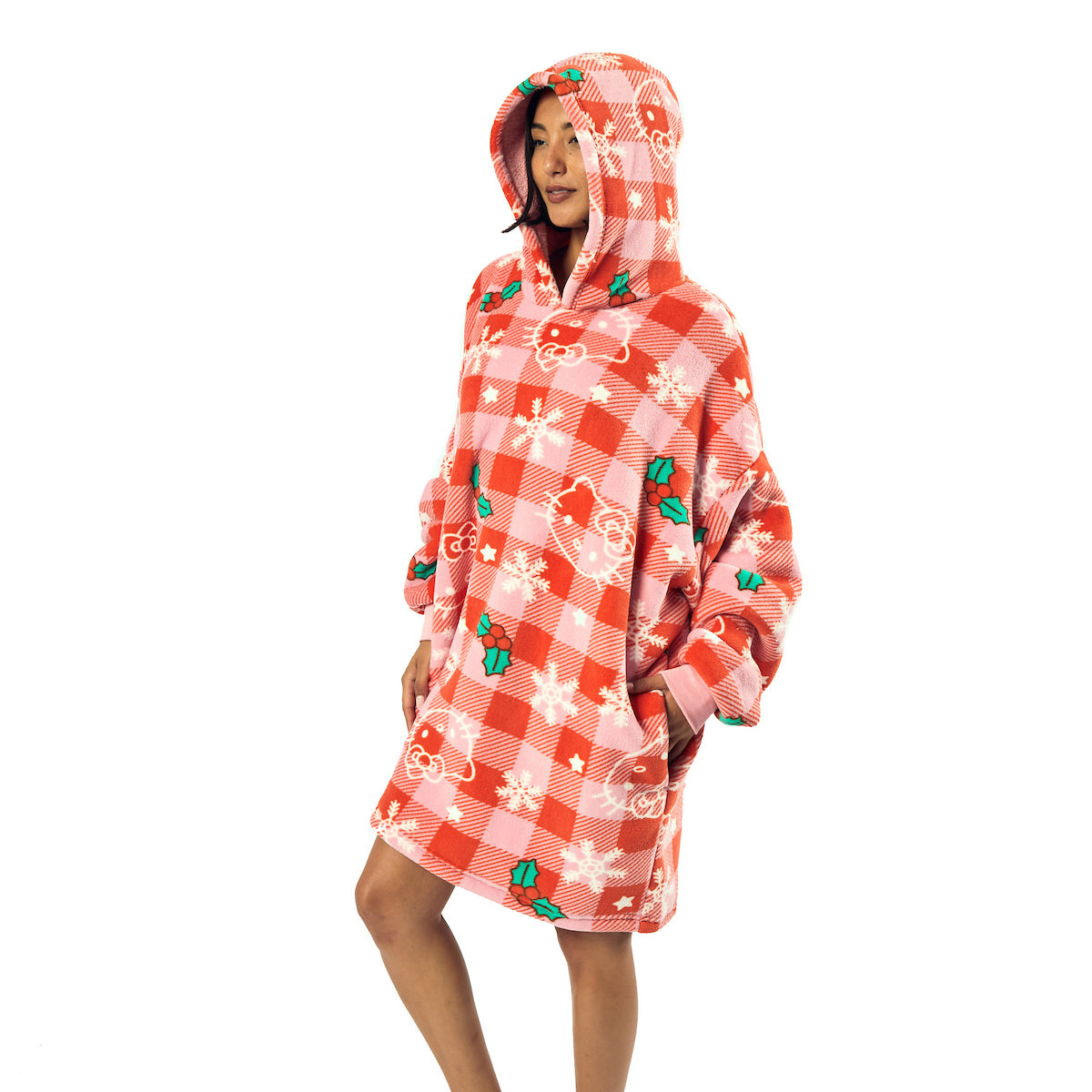 Hello Kitty Christmas Line Art Red Plaid Sherpa-Lined Hoodie Wearable Blanket-OSFA