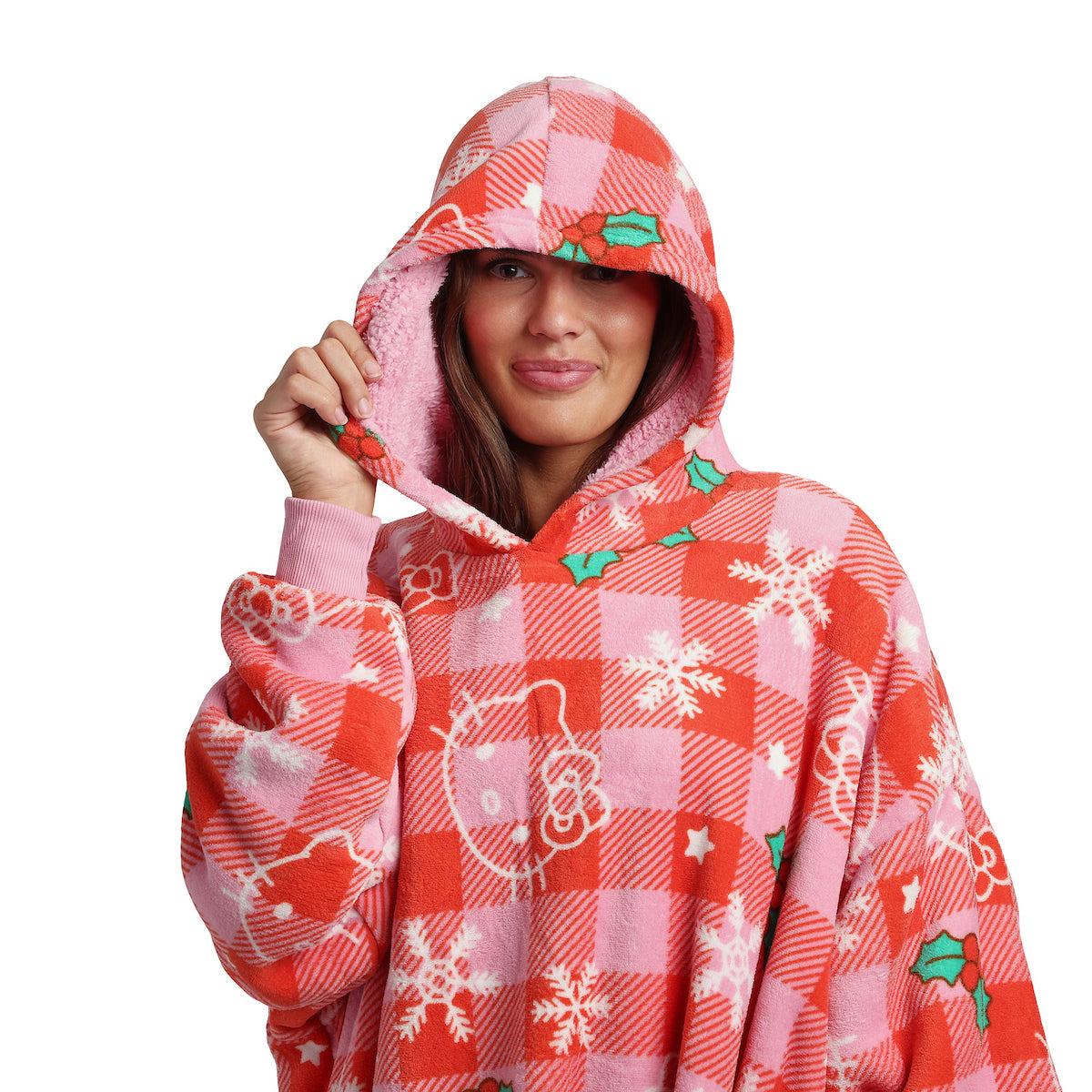 Hello Kitty Christmas Line Art Red Plaid Hoodie Wearable Blanket-OSFA