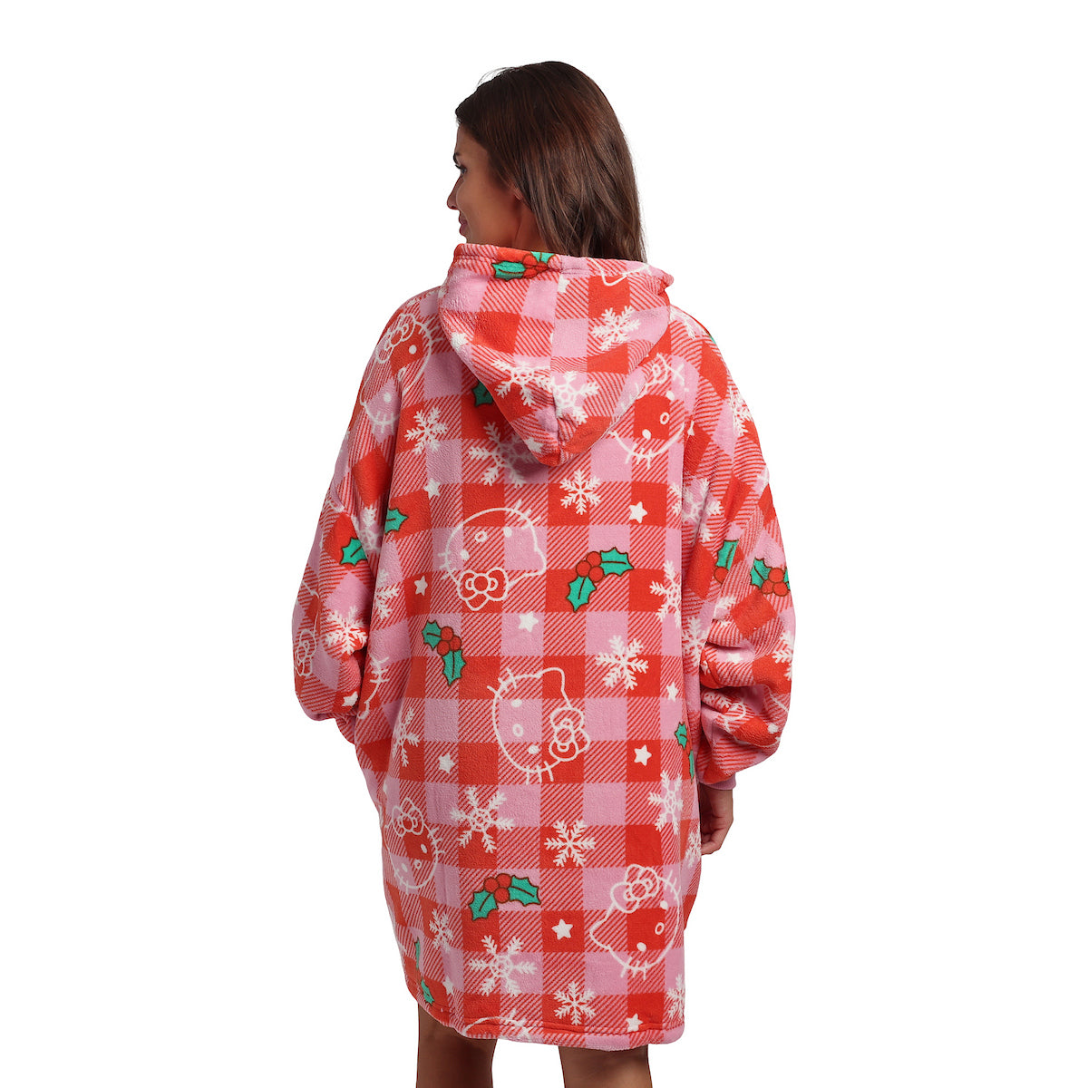 Hello Kitty Christmas Line Art Red Plaid Hoodie Wearable Blanket-OSFA