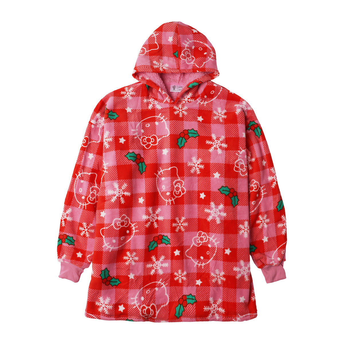 Hello Kitty Christmas Line Art Red Plaid Hoodie Wearable Blanket-OSFA
