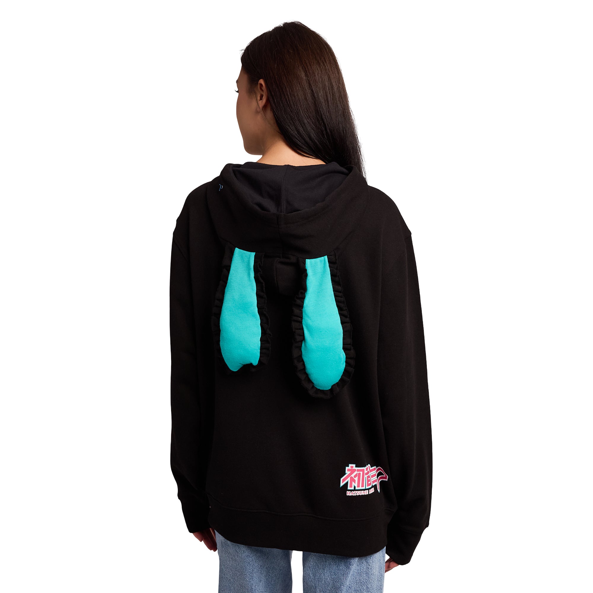 Hatsune Miku Women's Black Long Sleeve Zip Hoodie With Cosplay Bunny Ears