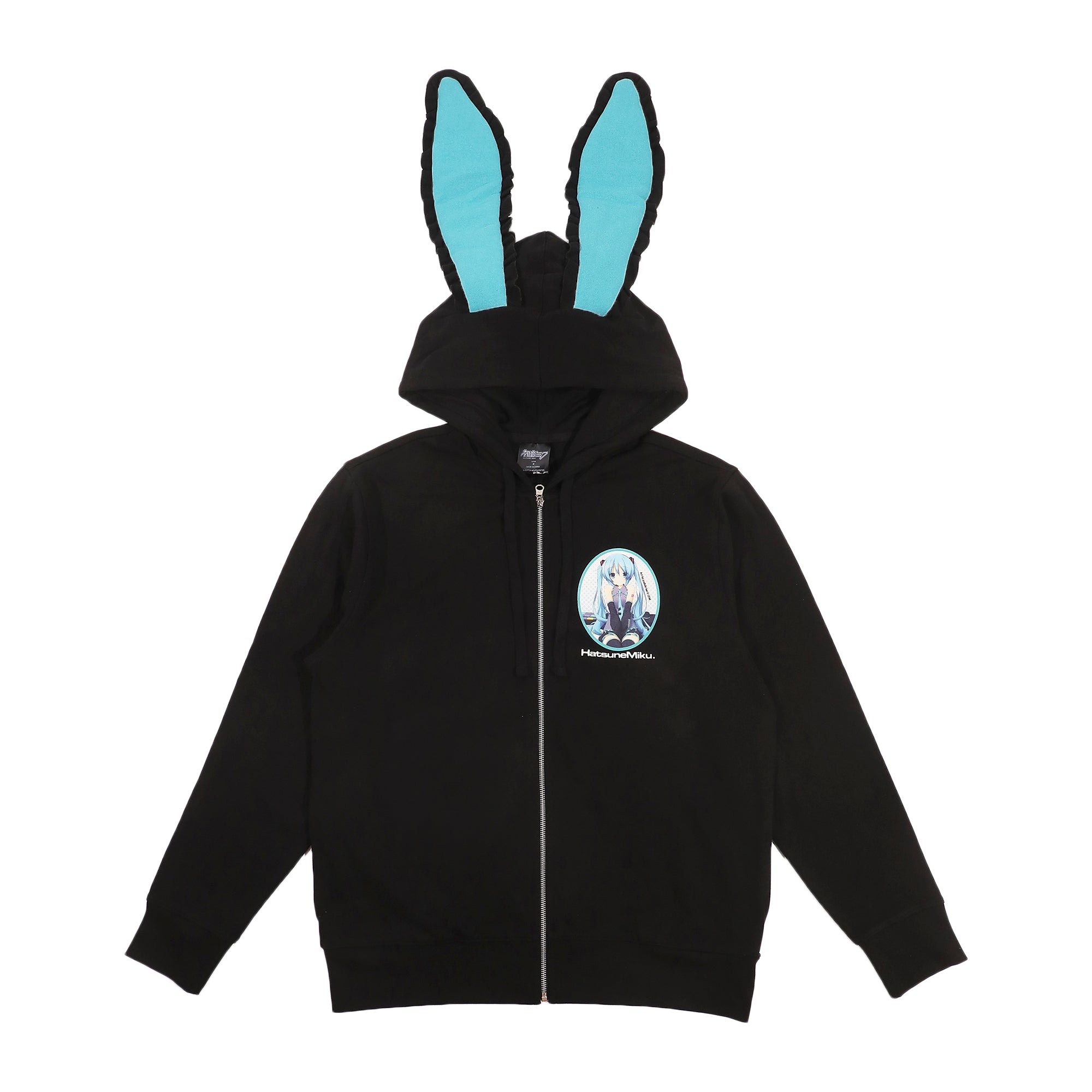 Hatsune Miku Women's Black Long Sleeve Zip Hoodie With Cosplay Bunny Ears