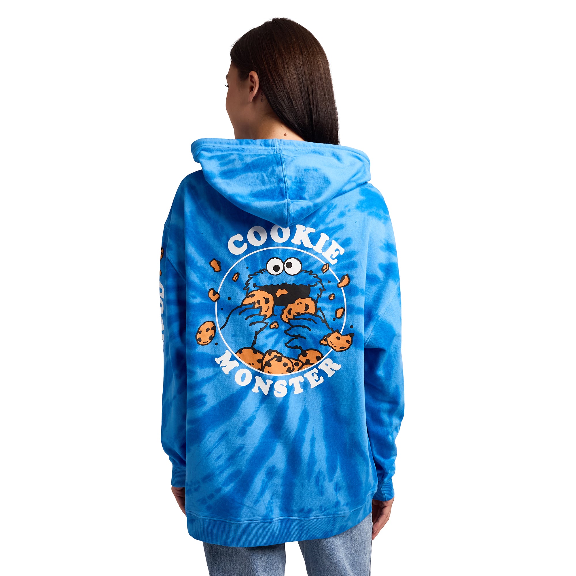 Sesame Street Cookie Monster Cookies Women's Blue Tie-Dye Long Sleeve Fleece Hooded Sweatshirt