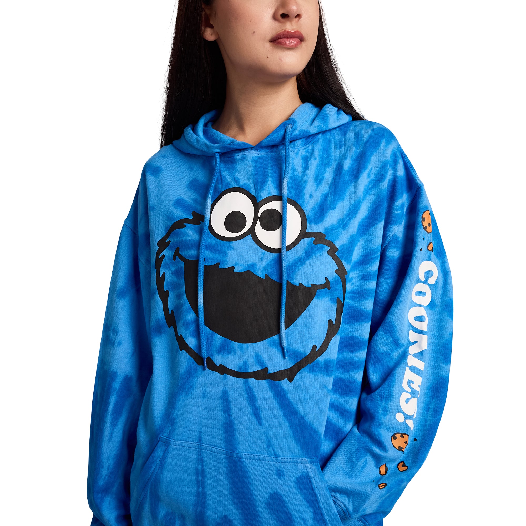 Sesame Street Cookie Monster Cookies Women's Blue Tie-Dye Long Sleeve Fleece Hooded Sweatshirt