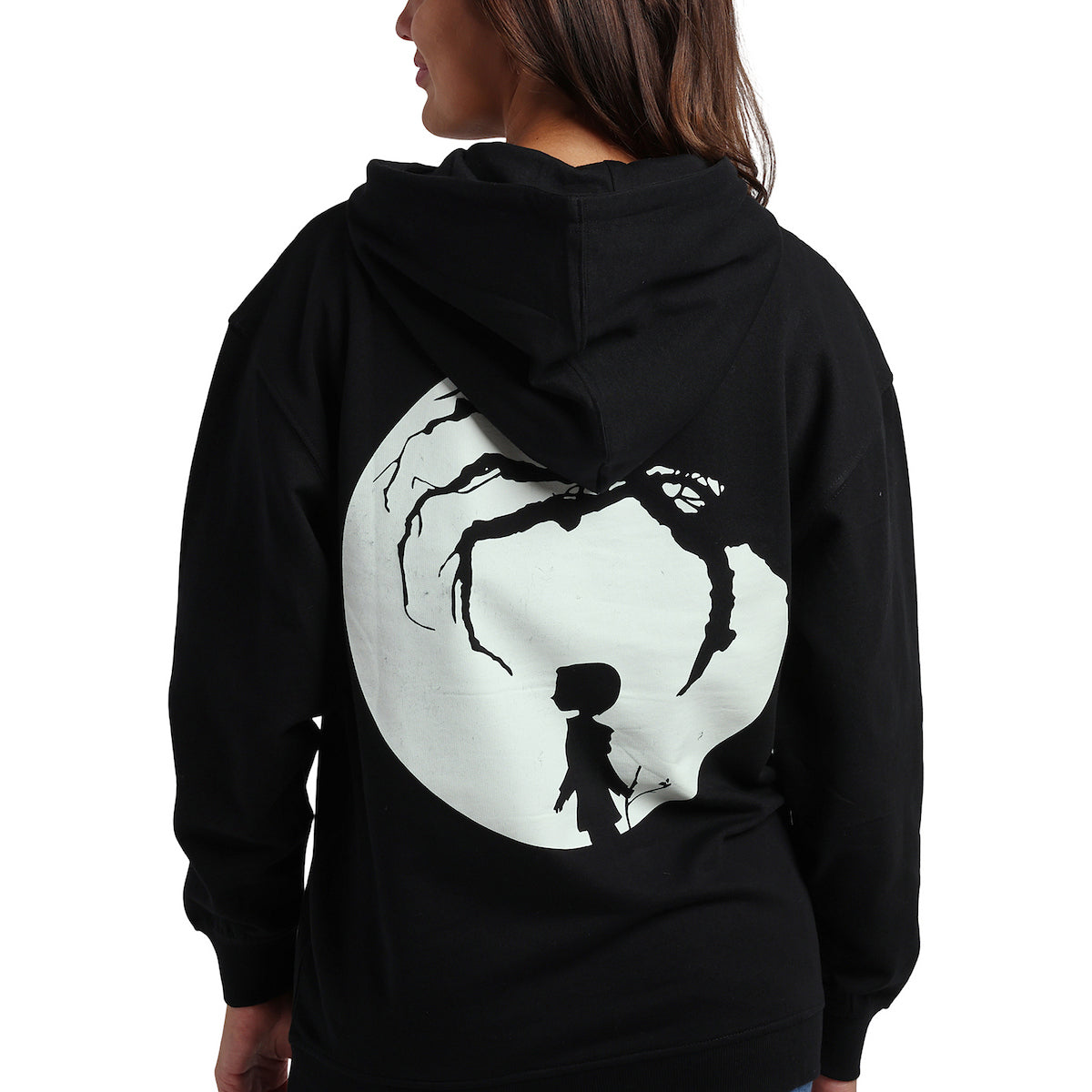 Coraline Full Moon Character Art Women's Black Long Sleeve Hooded Sweatshirt