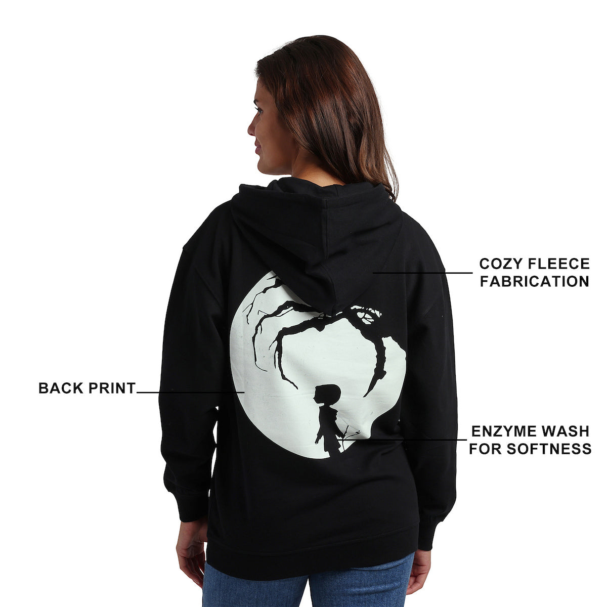 Coraline Full Moon Character Art Women's Black Long Sleeve Hooded Sweatshirt