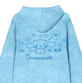 Cinnamoroll Line Art Women's Blue Mineral Wash Long Sleeve Fleece Hooded Sweatshirt
