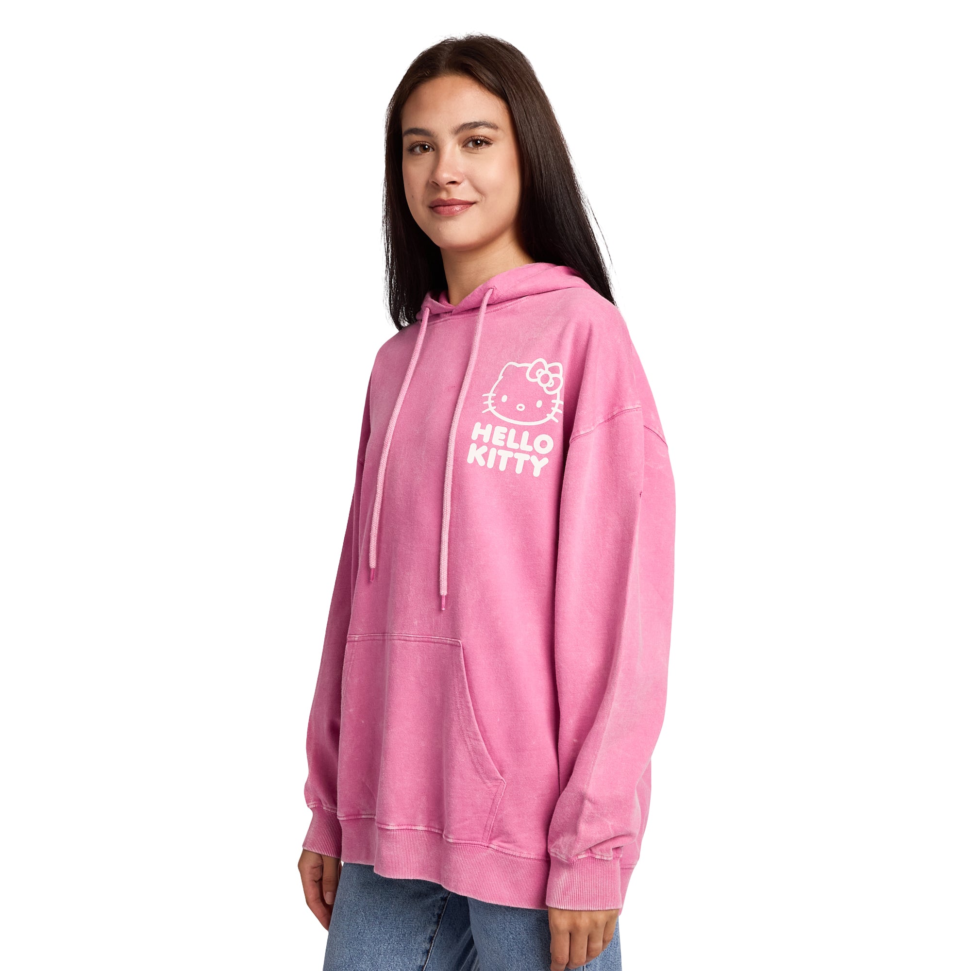 Hello Kitty & Bows Line Art Women's Pink Mineral Wash Long Sleeve Fleece Hooded Sweatshirt