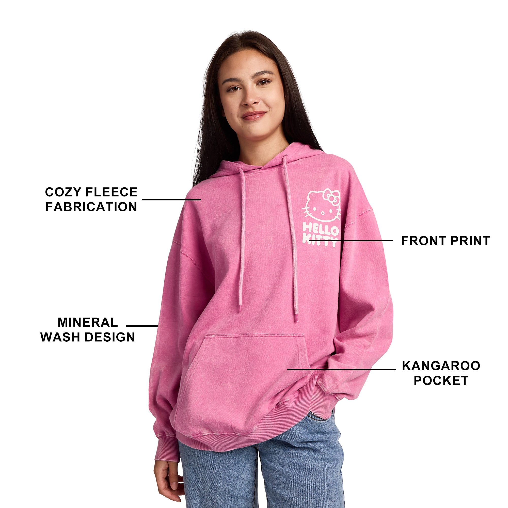 Hello Kitty & Bows Line Art Women's Pink Mineral Wash Long Sleeve Fleece Hooded Sweatshirt