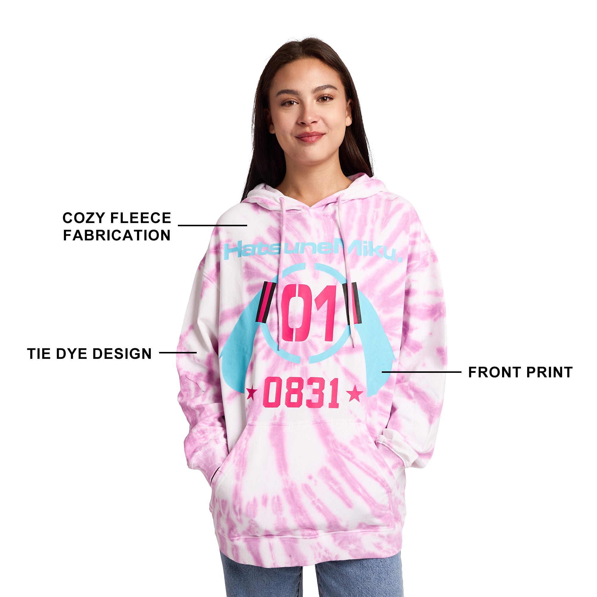 Hatsune Miku Bunny Ears Headphones 0831 Women's Purple Tie-Dye Long Sleeve Fleece Hooded Sweatshirt