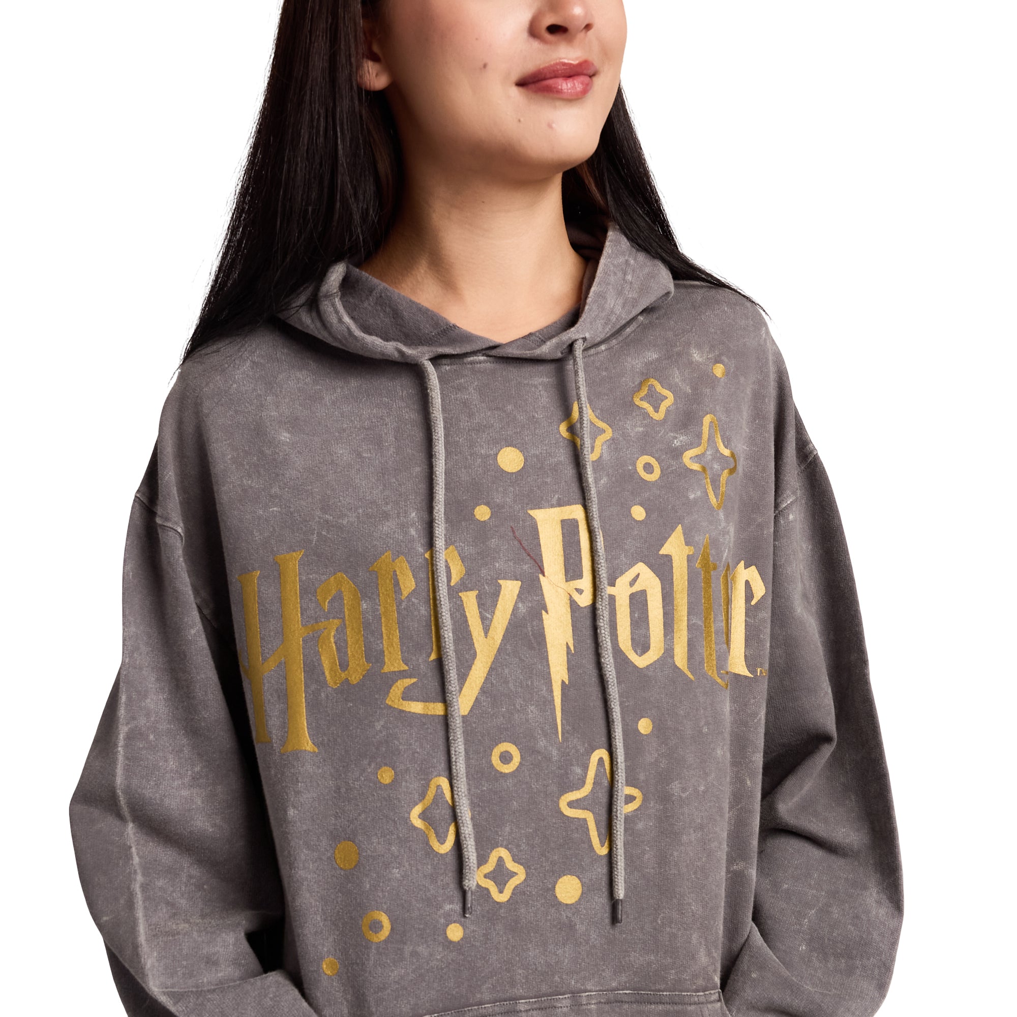 Harry Potter Stars & Hogwarts Crest Women's Gray Mineral Wash Long Sleeve Fleece Hooded Sweatshirt
