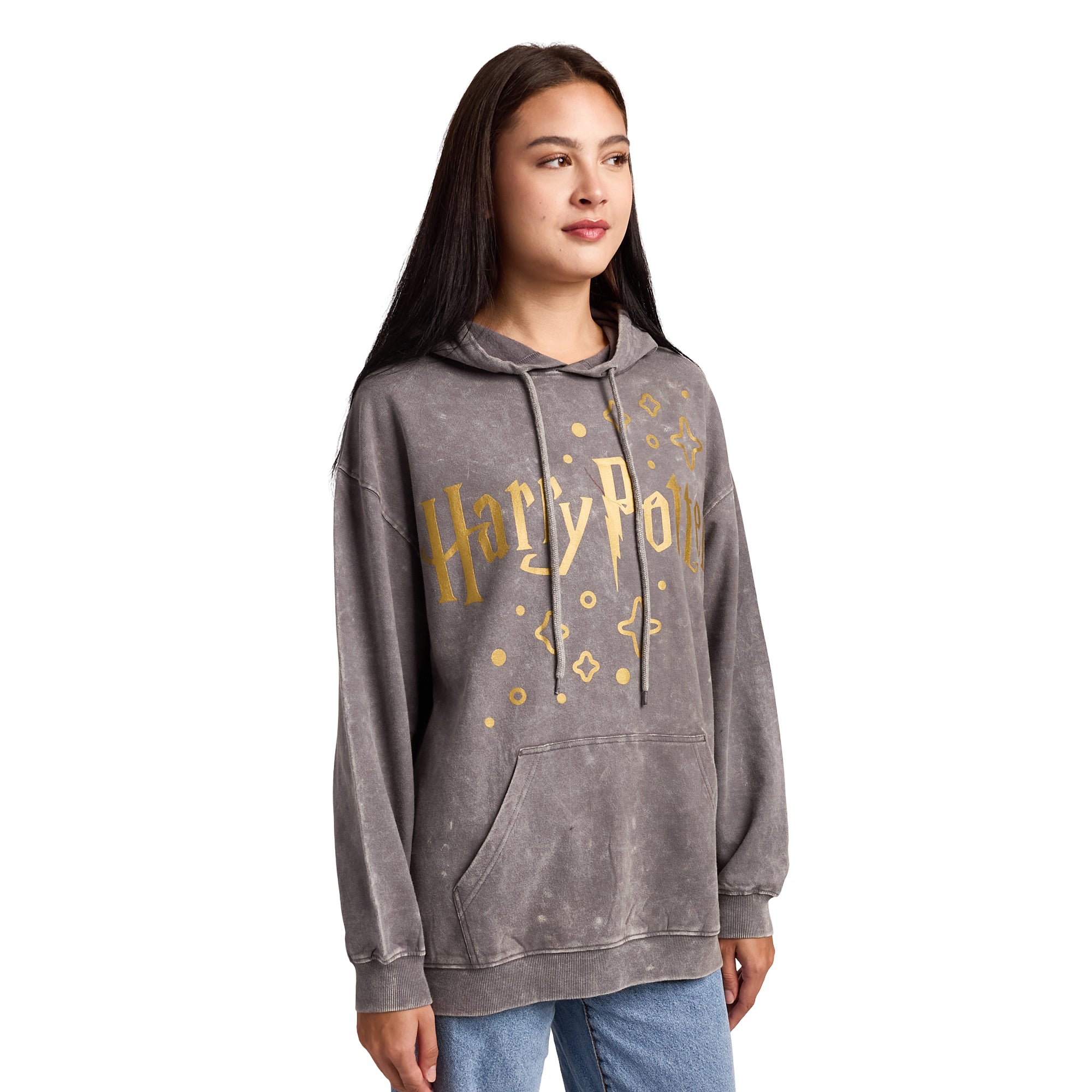 Harry Potter Stars & Hogwarts Crest Women's Gray Mineral Wash Long Sleeve Fleece Hooded Sweatshirt
