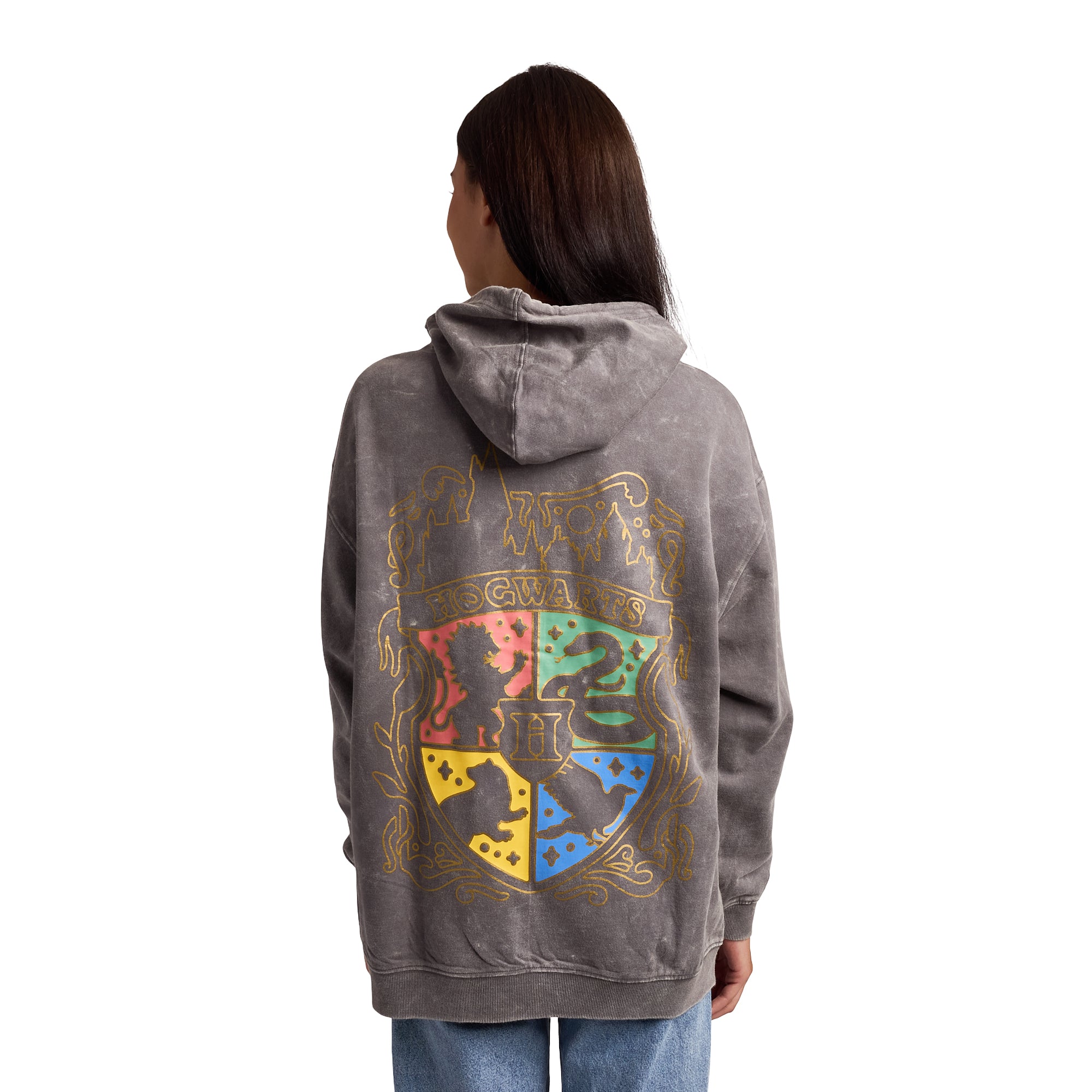 Harry Potter Stars & Hogwarts Crest Women's Gray Mineral Wash Long Sleeve Fleece Hooded Sweatshirt