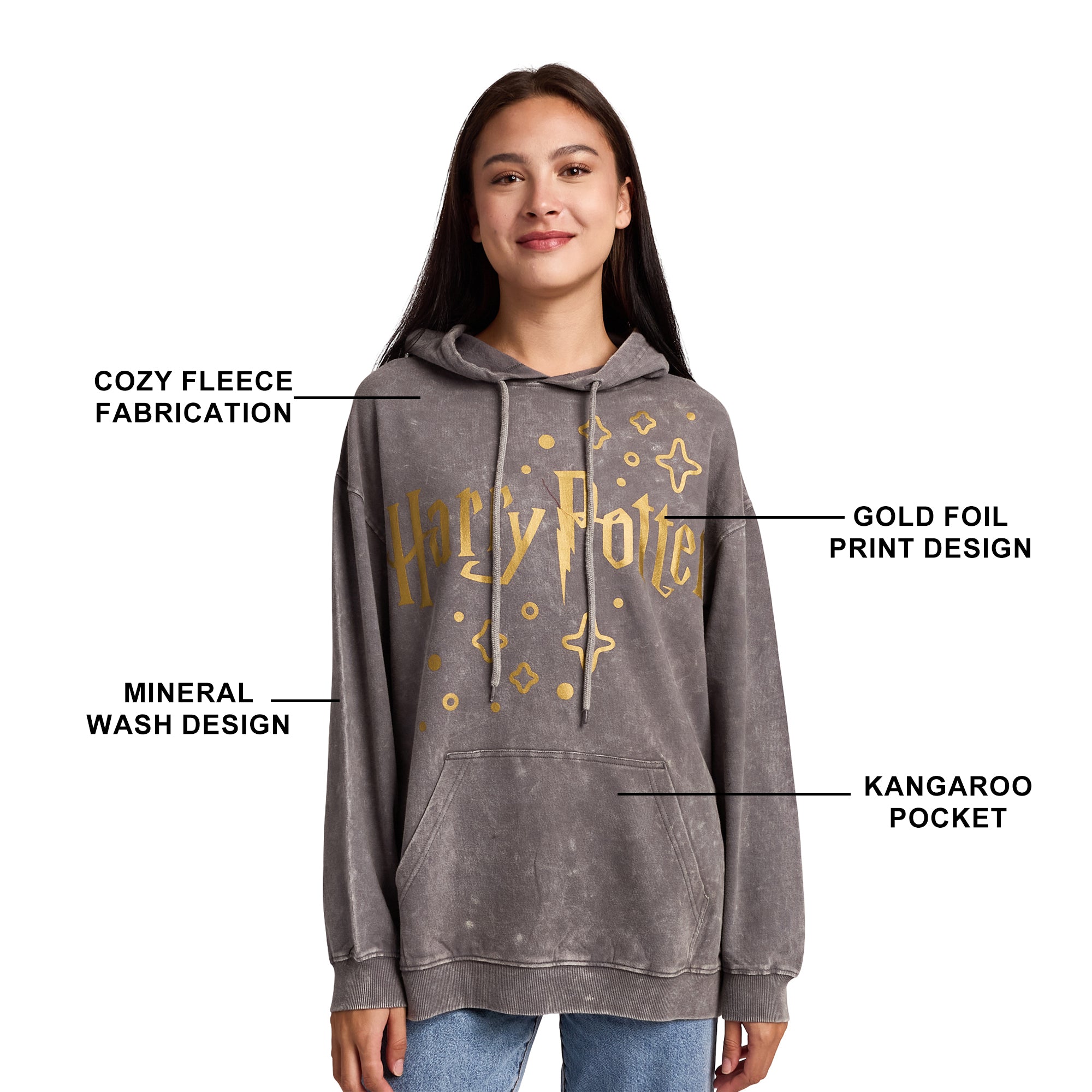 Harry Potter Stars & Hogwarts Crest Women's Gray Mineral Wash Long Sleeve Fleece Hooded Sweatshirt