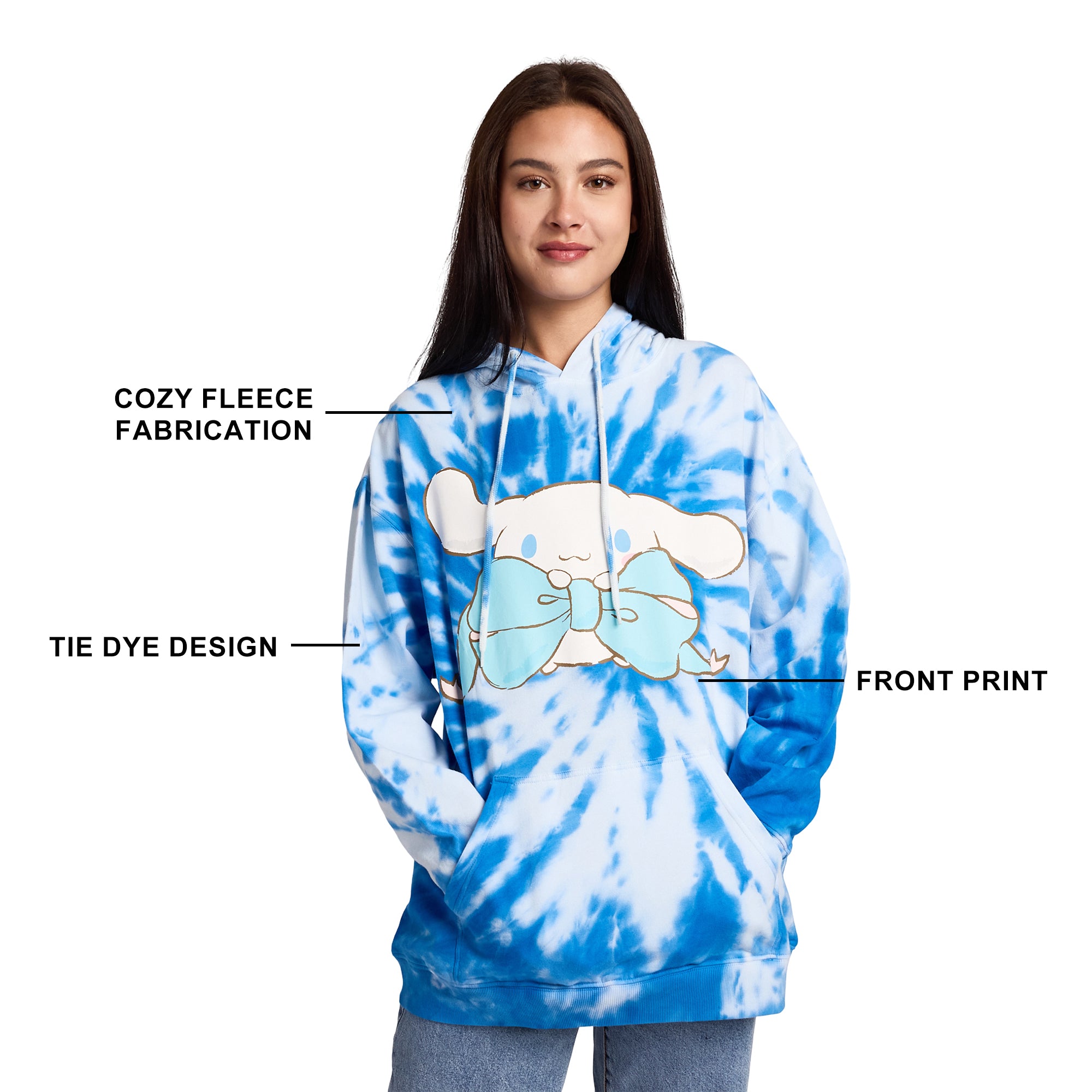 Cinnamoroll & Milk Women's Blue Tie-Dye Long Sleeve Fleece Hooded Sweatshirt