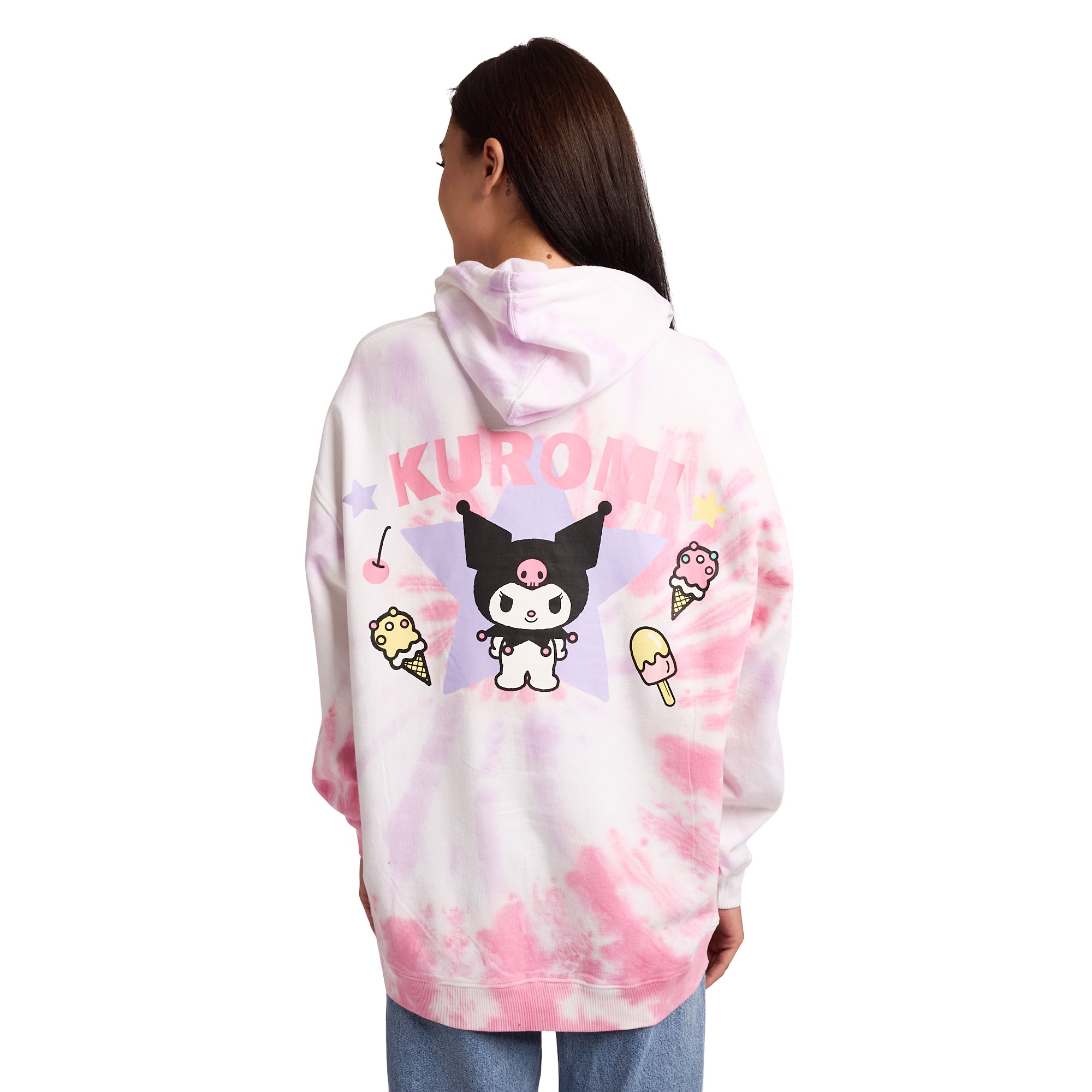 Kuromi Ice Cream Treats Women&#39;s Pink Tie-Dye Long Sleeve Fleece Hooded Sweatshirt