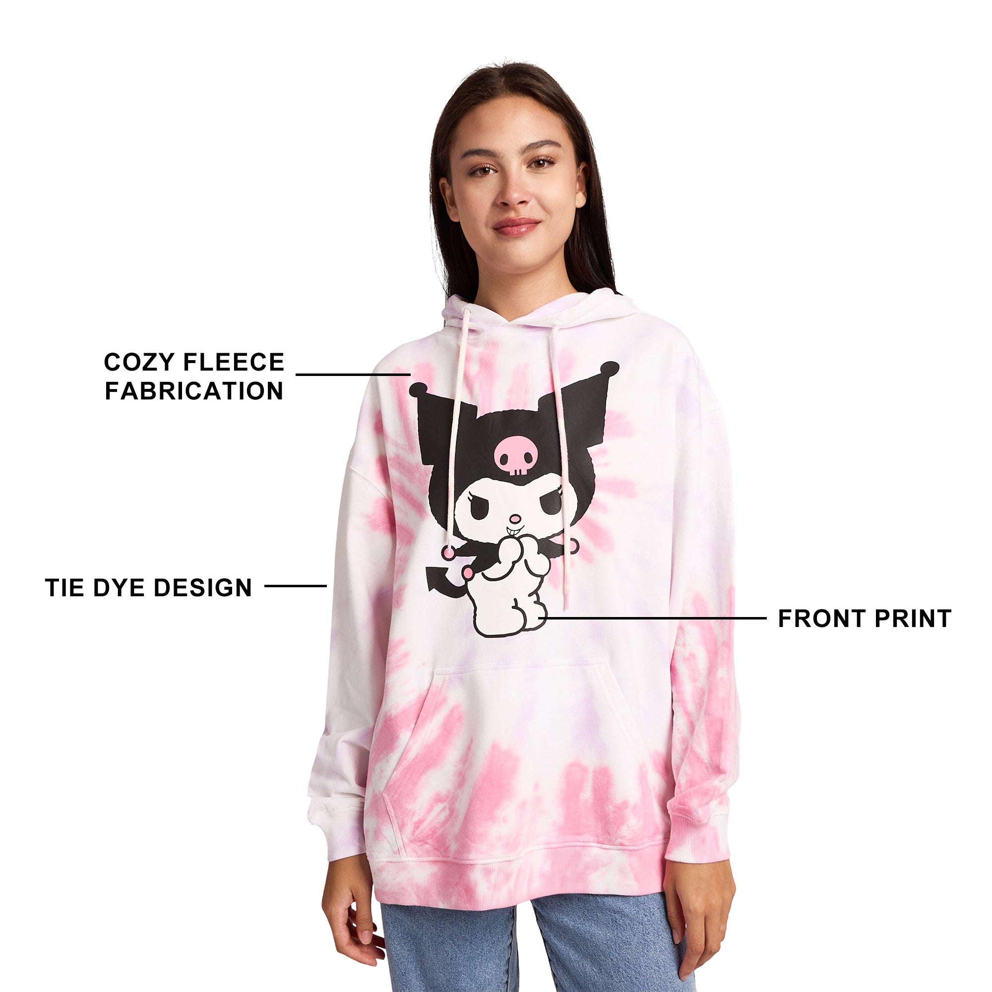 Kuromi Ice Cream Treats Women&#39;s Pink Tie-Dye Long Sleeve Fleece Hooded Sweatshirt