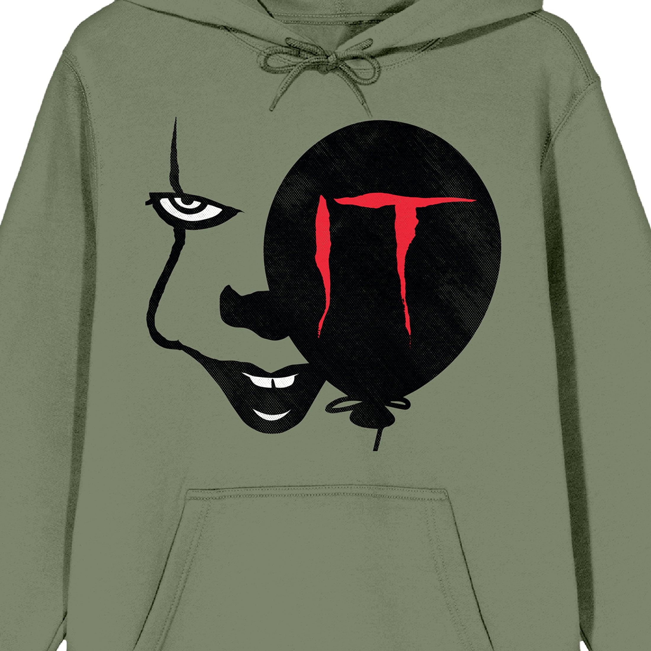 It Chapter 2 Enlarged Pennywise Face & Black Balloon Long Sleeve Olive Men's Hooded Sweatshirt-XL