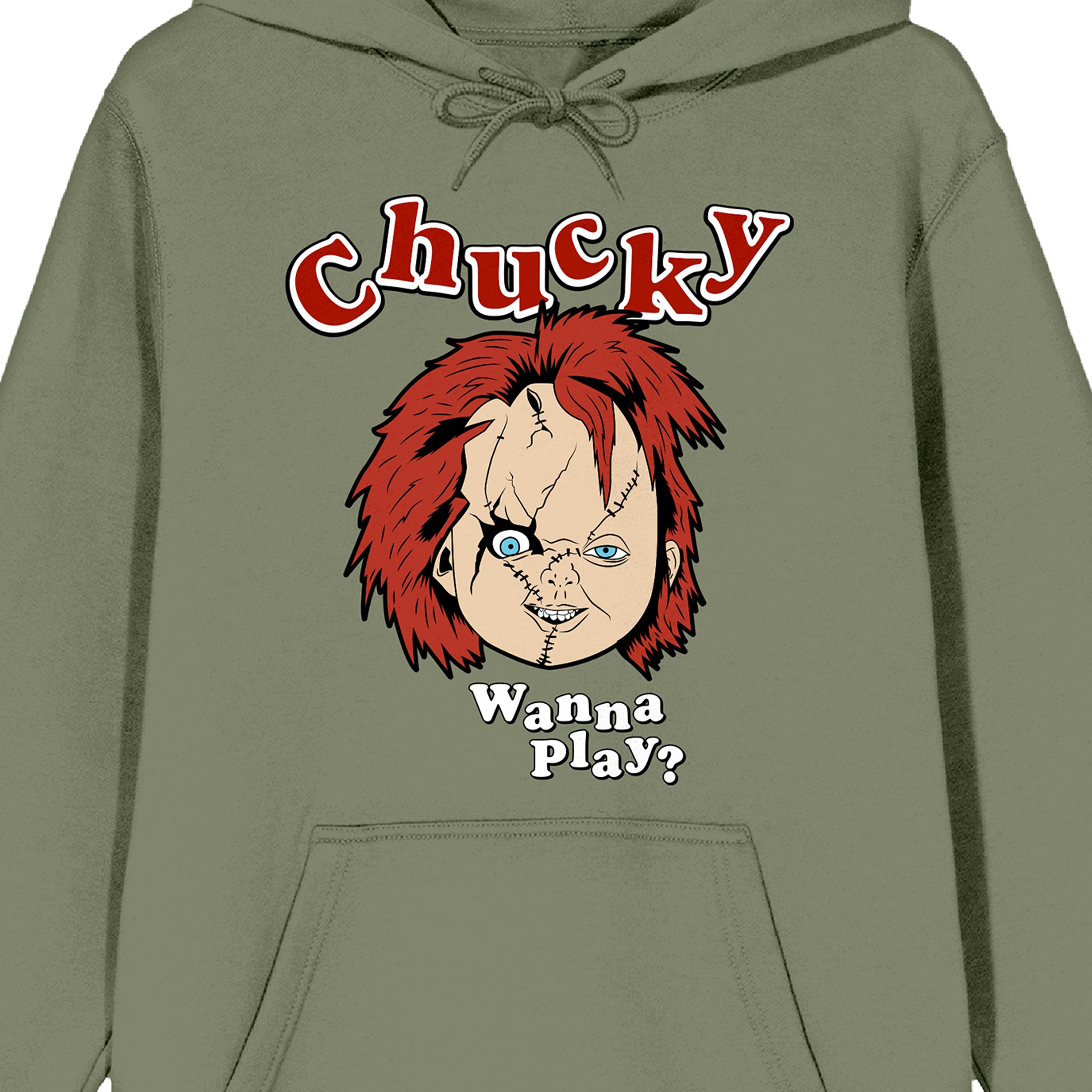 Chucky Face Wanna Play Long Sleeve Olive Men's Hooded Sweatshirt-Medium