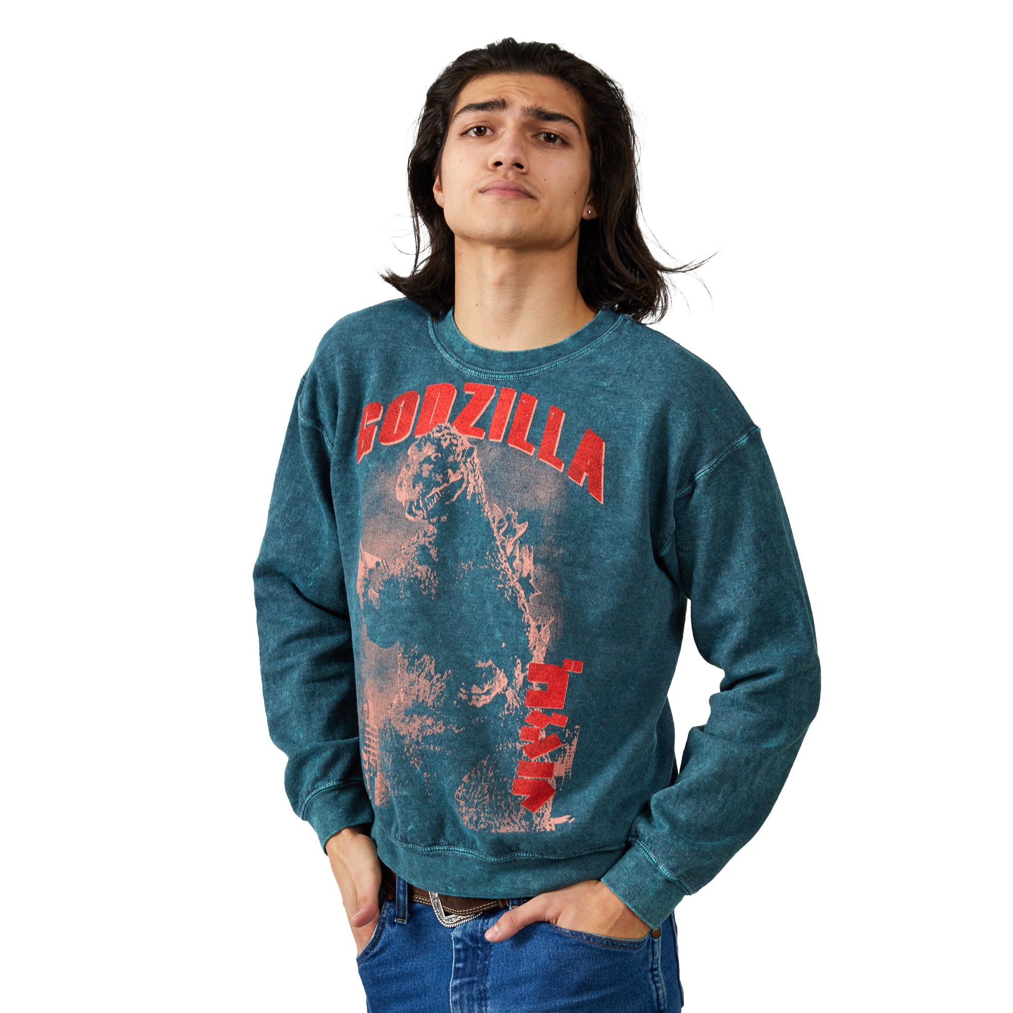 Godzilla Vintage Art Crew Neck Long Sleeve Dark Cyan Mineral Wash Adult Sweatshirt