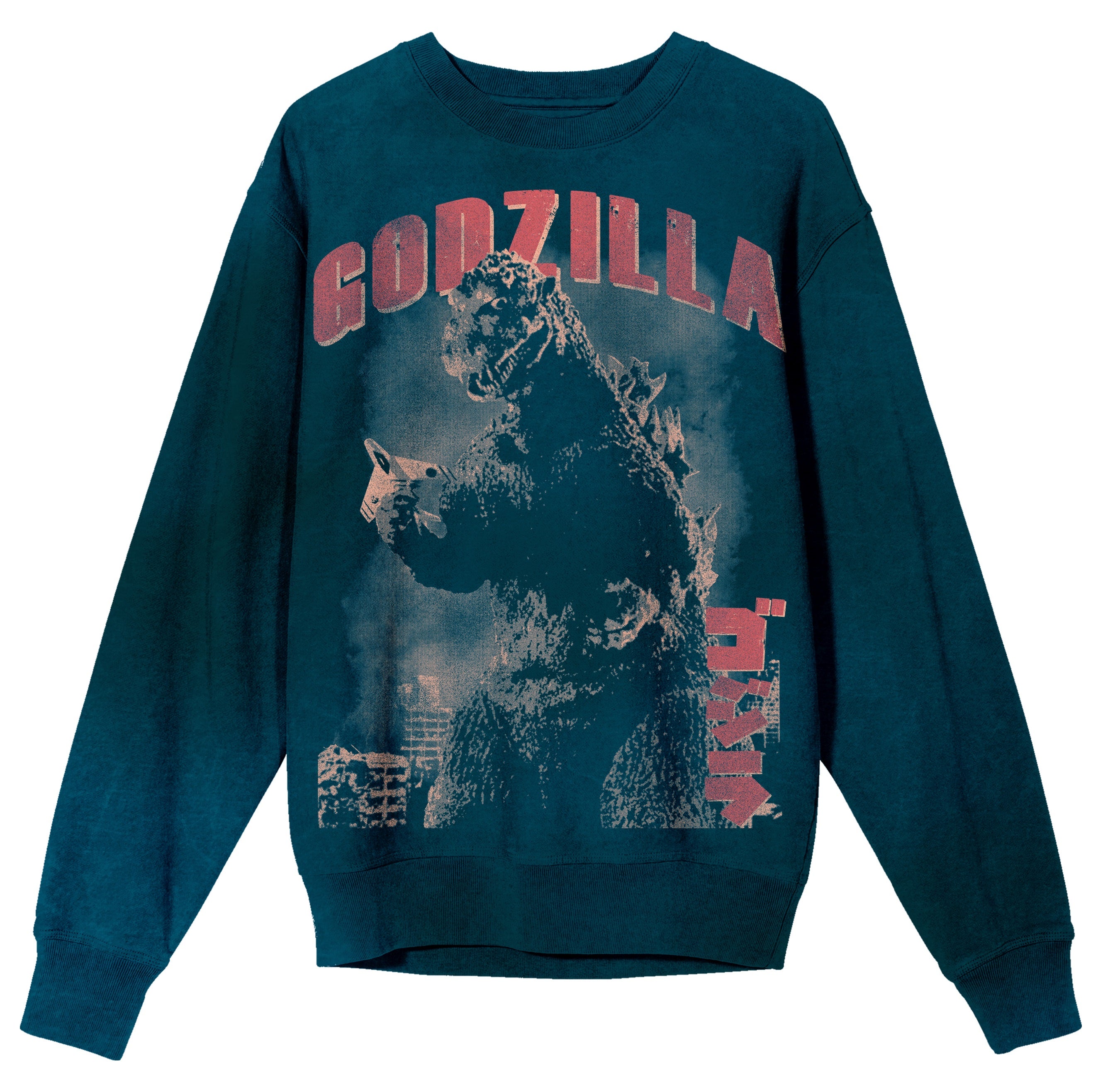 Godzilla Vintage Art Crew Neck Long Sleeve Dark Cyan Mineral Wash Adult Sweatshirt
