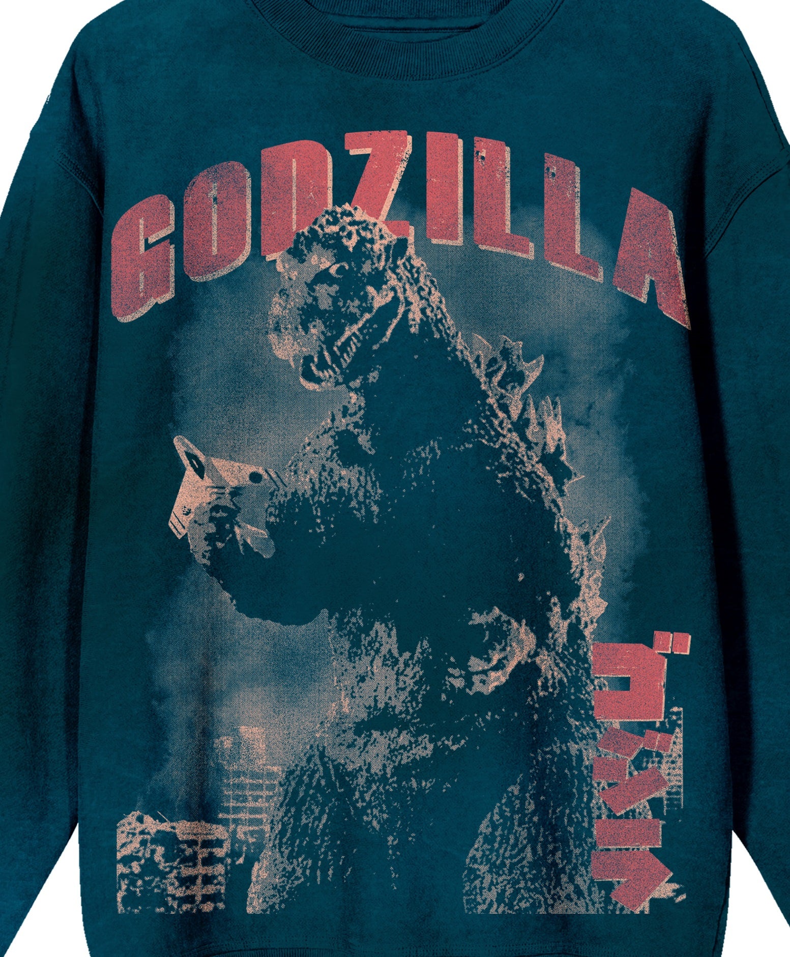 Godzilla Vintage Art Crew Neck Long Sleeve Dark Cyan Mineral Wash Adult Sweatshirt