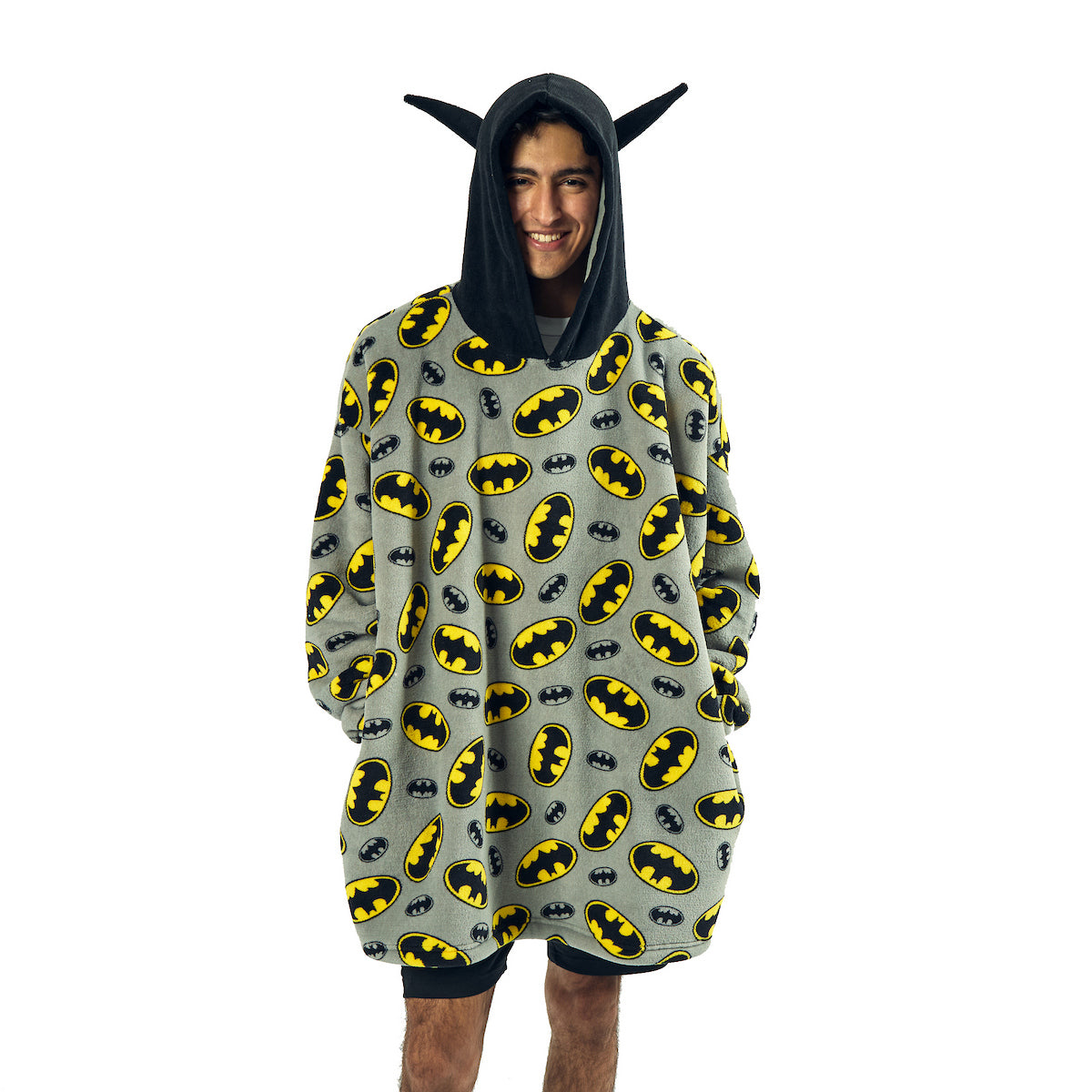 Batman Logo All-Over Print Gray Hooded Wearable Oversize Blanket-OSFA