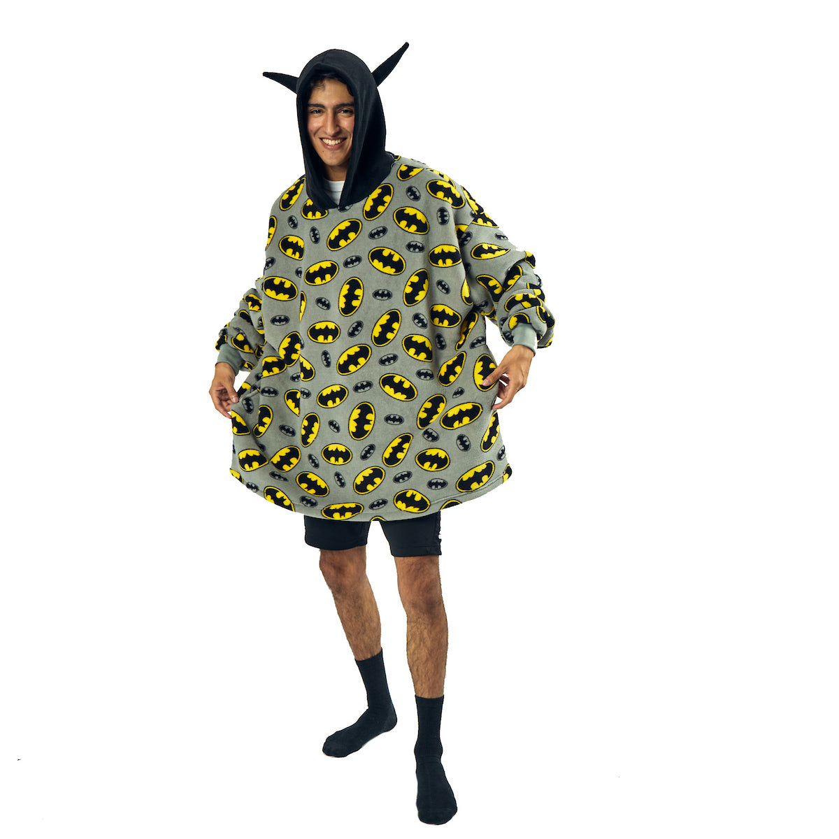 Batman Logo All-Over Print Gray Hooded Wearable Oversize Blanket-OSFA