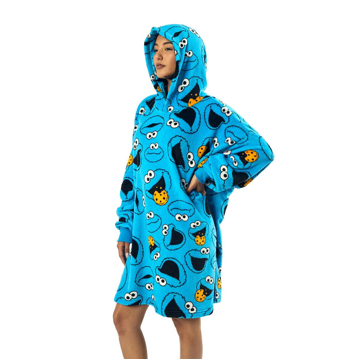 Sesame Street Cookie Monster All-Over Print Blue Long Sleeve Oversized Hoodie Wearable Blanket-OSFA