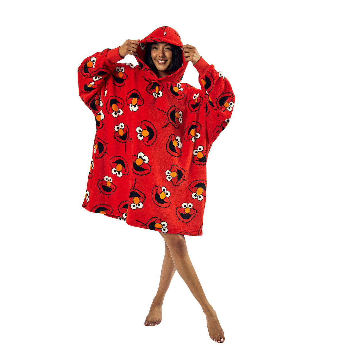 Sesame Street Elmo Character Heads All-Over Print Red Long Oversized Hoodie Wearable Blanket-OSFA