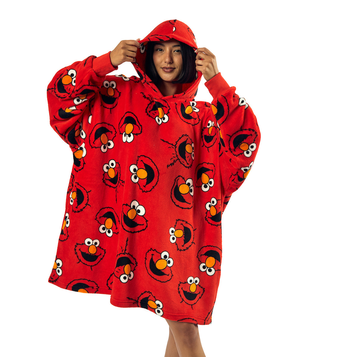 Sesame Street Elmo Character Heads All-Over Print Red Long Oversized Hoodie Wearable Blanket-OSFA