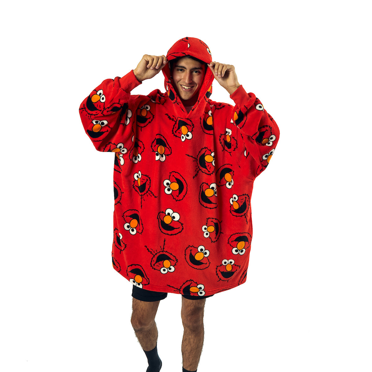 Sesame Street Elmo Character Heads All-Over Print Red Long Oversized Hoodie Wearable Blanket-OSFA