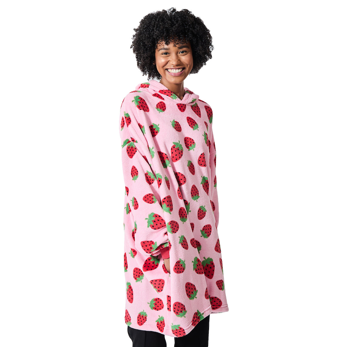 Strawberries All-Over Print Pink Long Sleeve Oversized Hoodie Wearable Blanket-OSFA